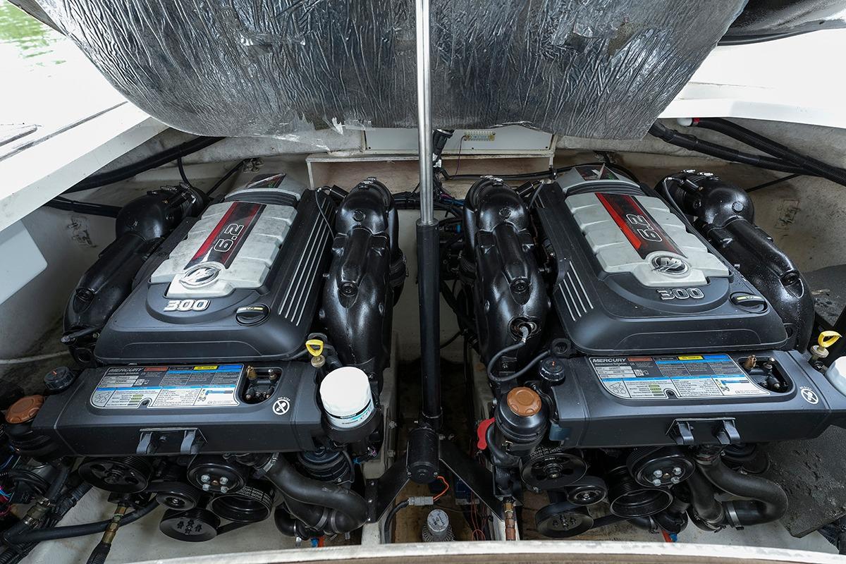Twin engines of a 2018 Sea Ray SLX 350 boat, showcasing powerful 6.2L V8 motors.