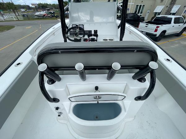 2026 Cape Horn 24XS boat interior with rod holders and storage compartments.