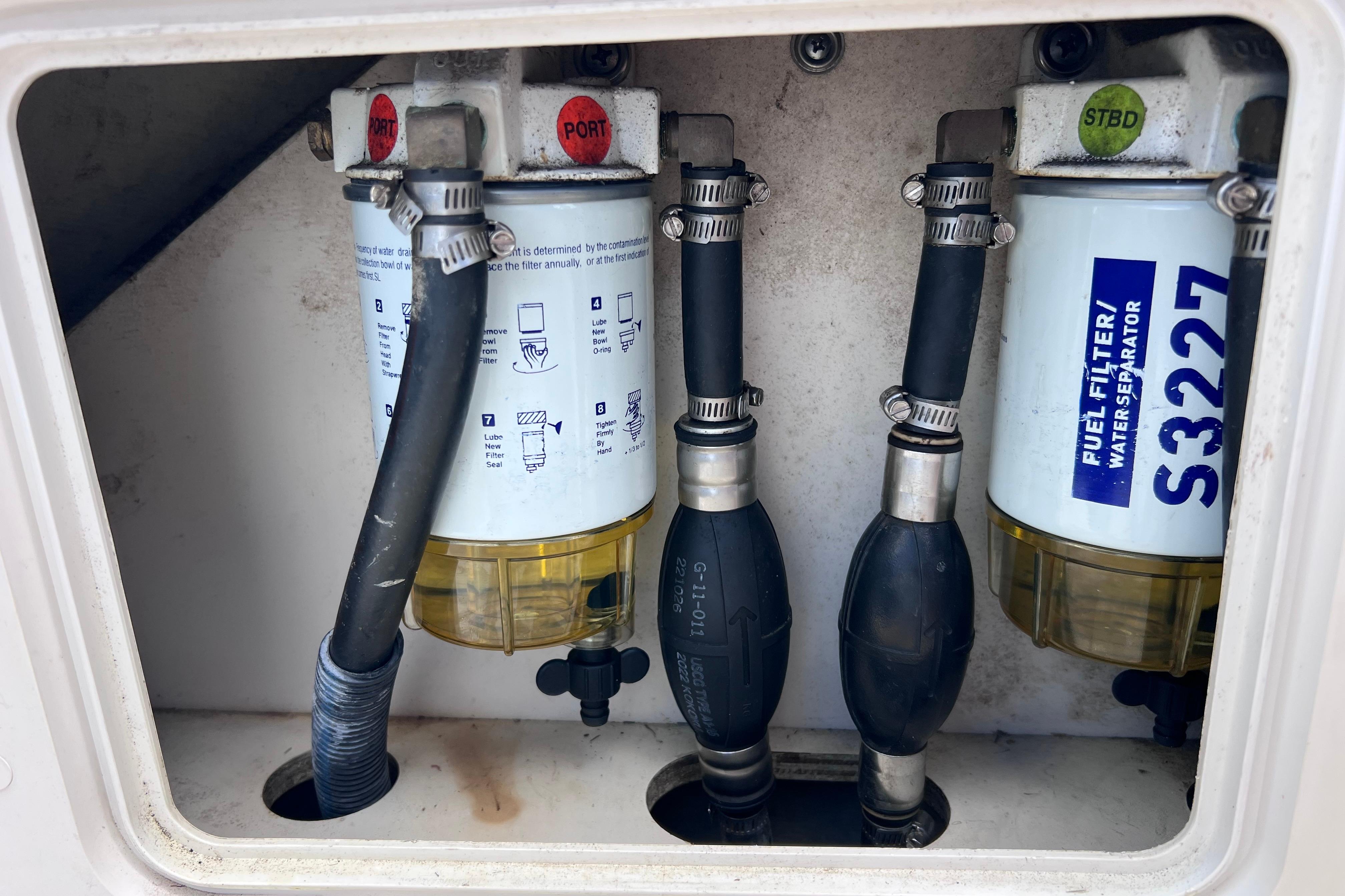Fuel filter and water separator system in a 2004 Pursuit 2870 Walkaround boat.
