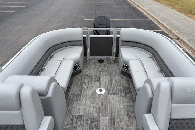 2025 Ranger Reata 243C pontoon boat with spacious seating and modern design.