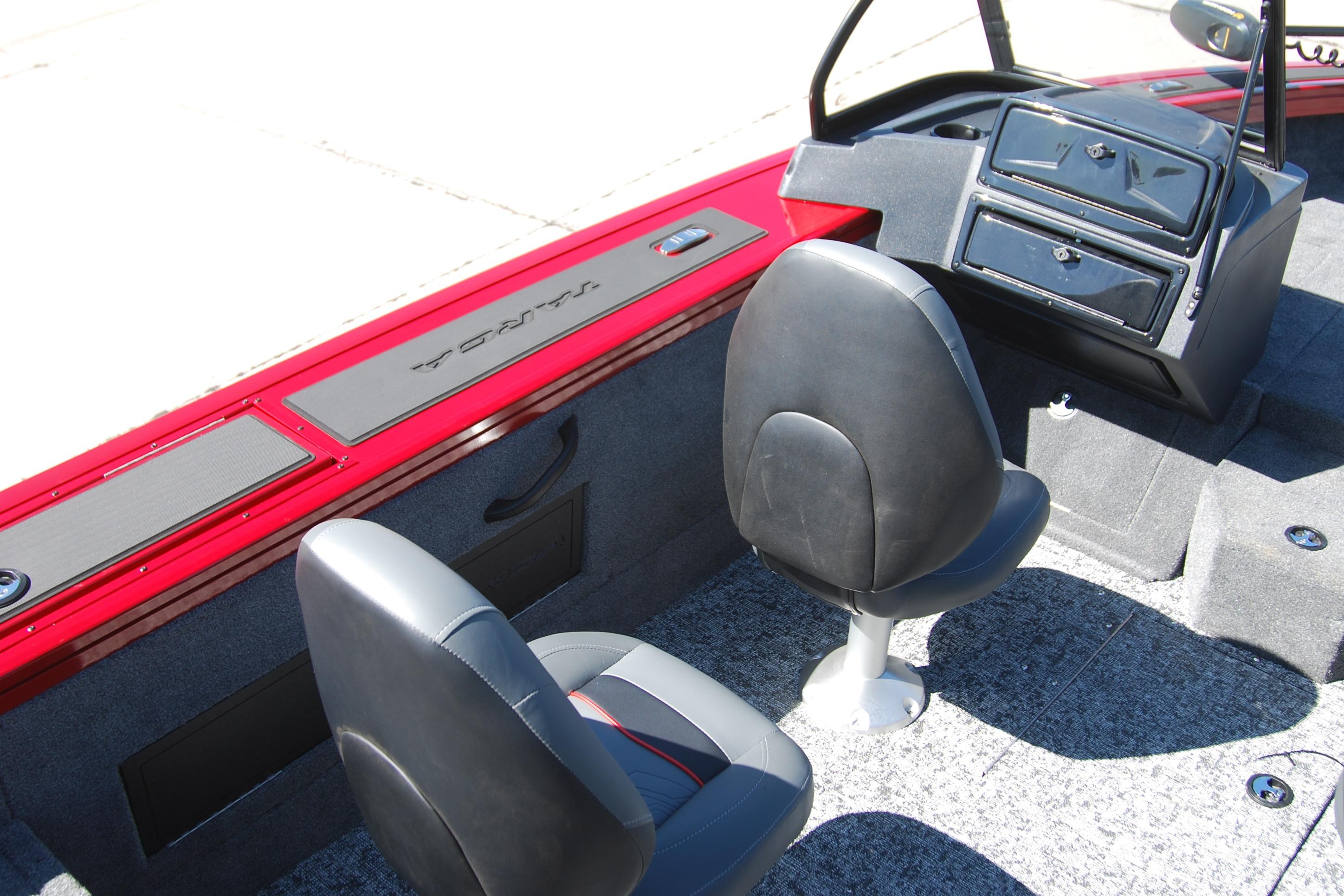 2026 Tracker Targa V-18 WT boat interior with black seats and red trim.