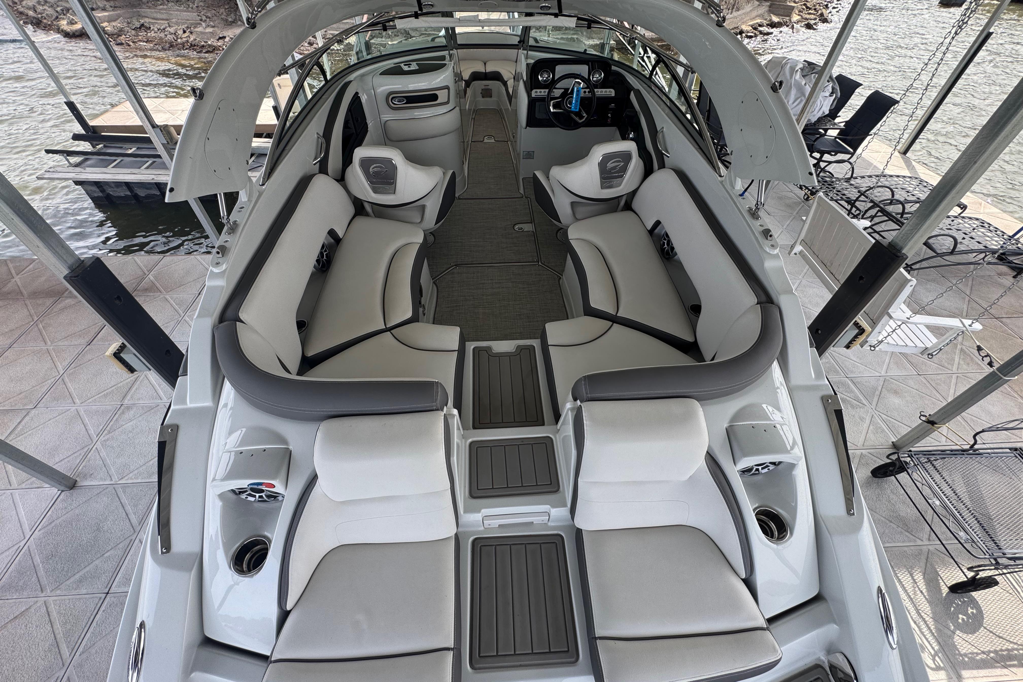 2022 Crownline 265 SS boat interior with spacious seating and modern design.