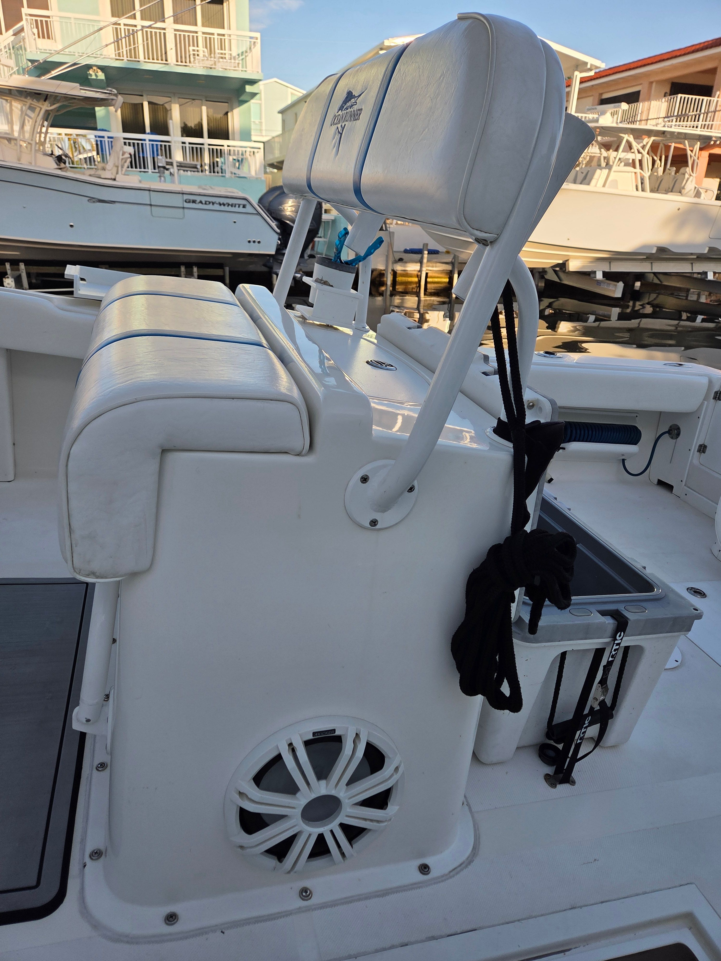 Ocean Runner 29 boat, seating area and speaker, year 2012.
