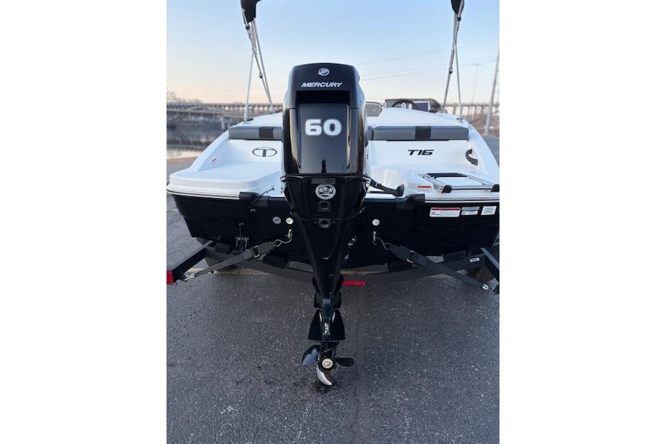 2026 Tahoe T16 boat with Mercury 60 outboard motor, rear view.