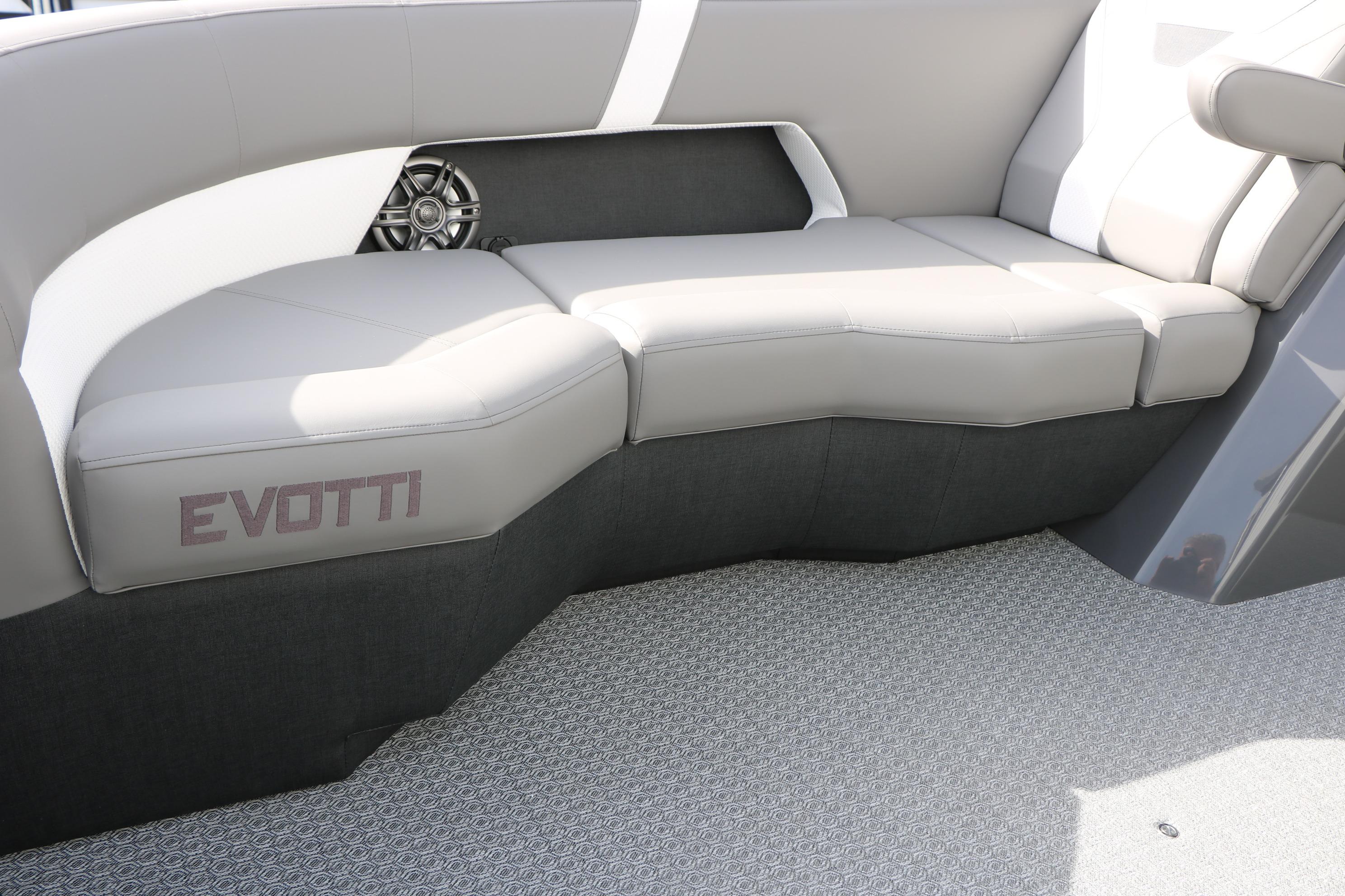 Luxurious seating in 2026 Evotti 521QL boat, featuring sleek design and premium upholstery.