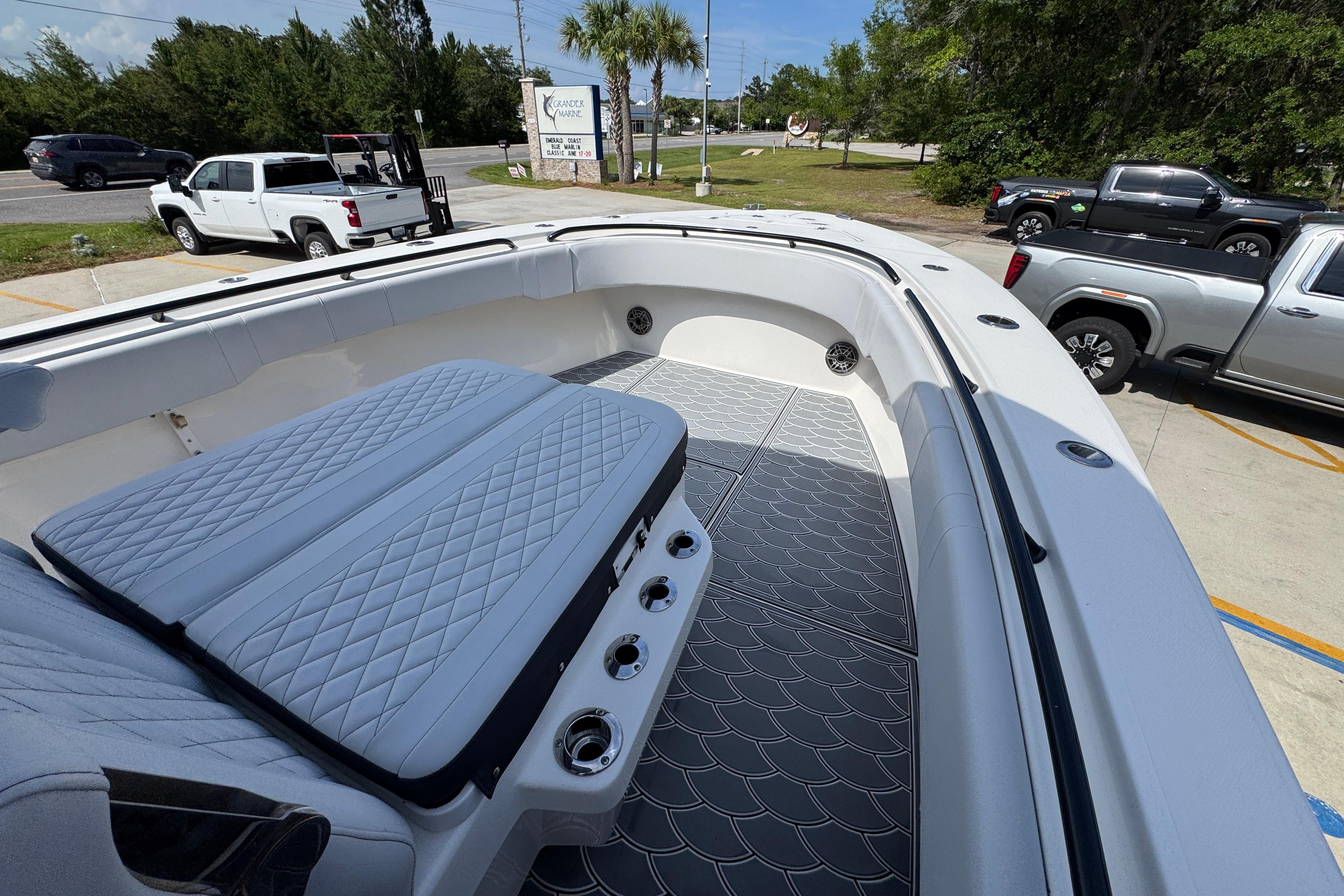 2023 Fountain 34 Tournament Edition boat interior with cushioned seating and sleek design.
