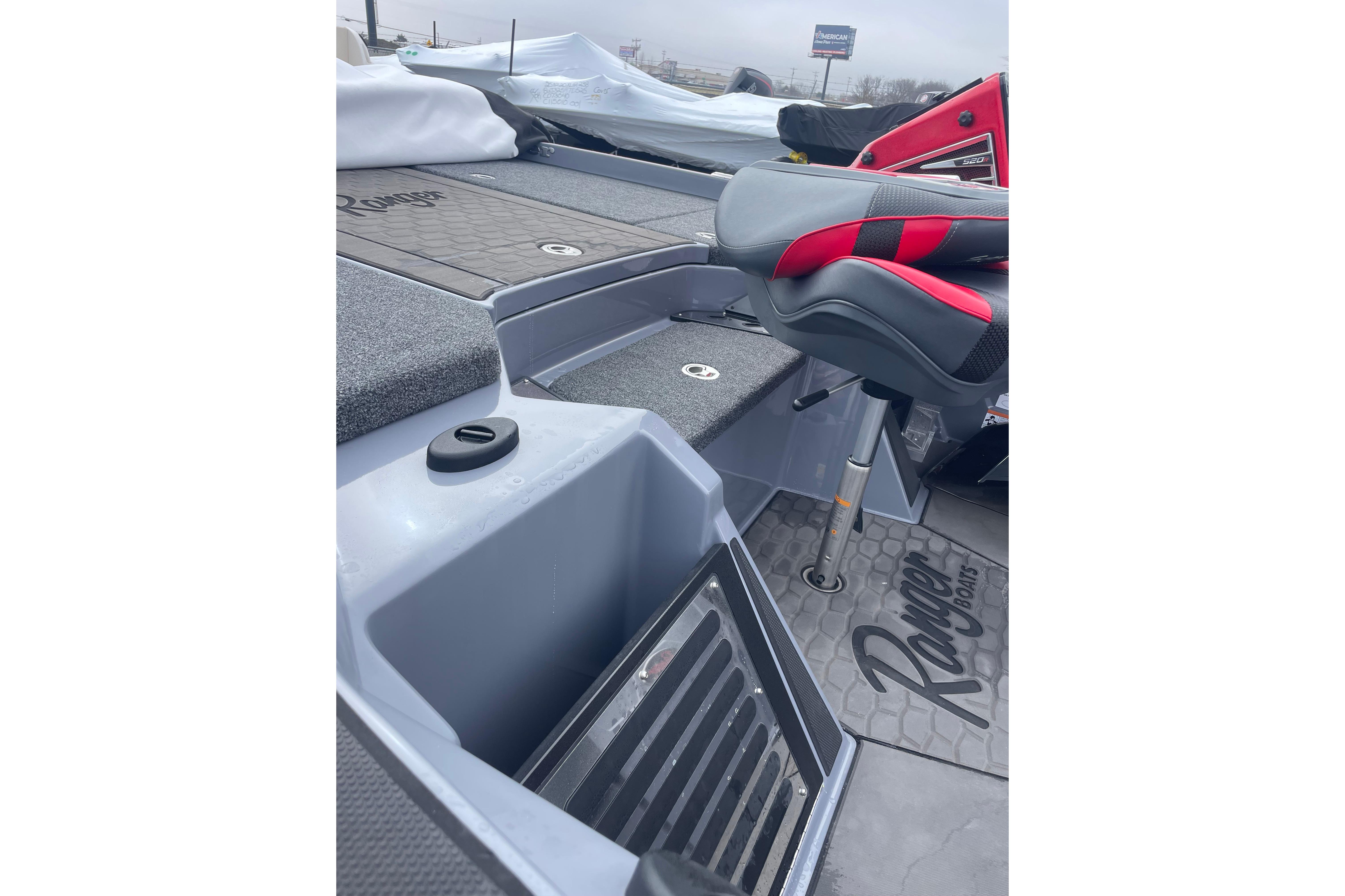 2025 Ranger Z520R Cup-Equipped boat interior with seating and storage compartments.