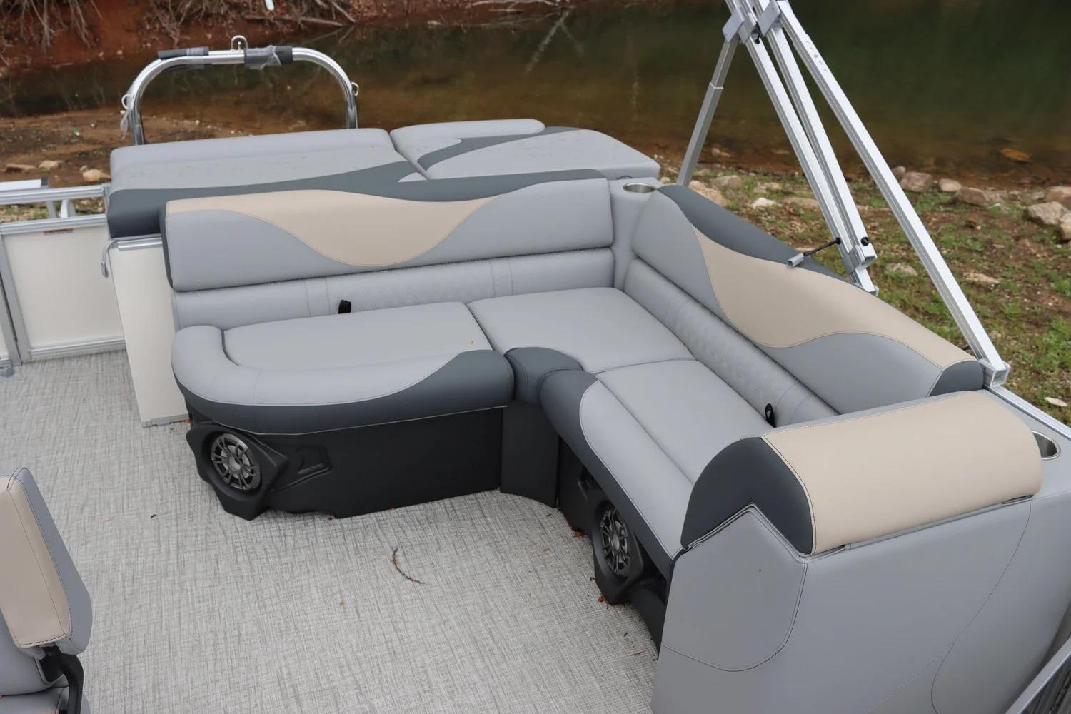 2025 Tahoe Pontoon Sport 85 Cruise interior with stylish seating and modern design.