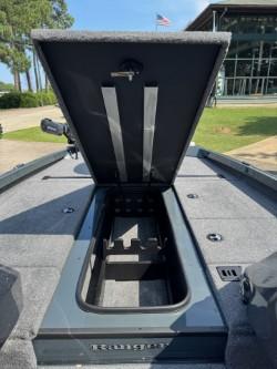 2025 Ranger RT198P boat with open storage compartment.