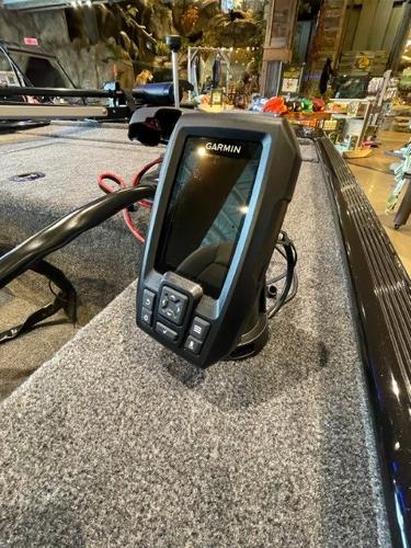 Garmin fishfinder on 2025 Tracker Panfish 17 boat, indoor display setting.