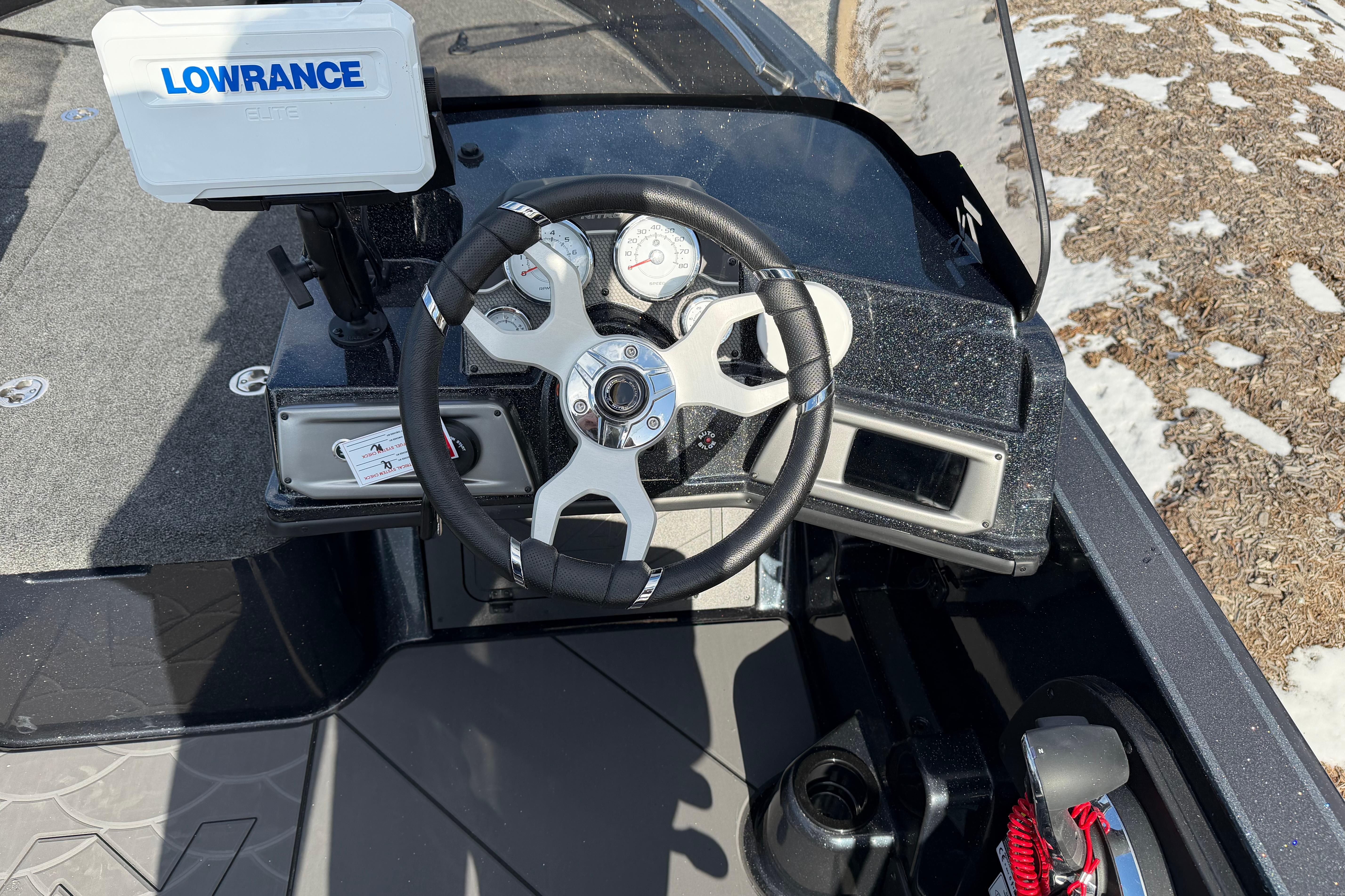 Steering console of 2026 Nitro ZV20 boat with Lowrance Elite system.