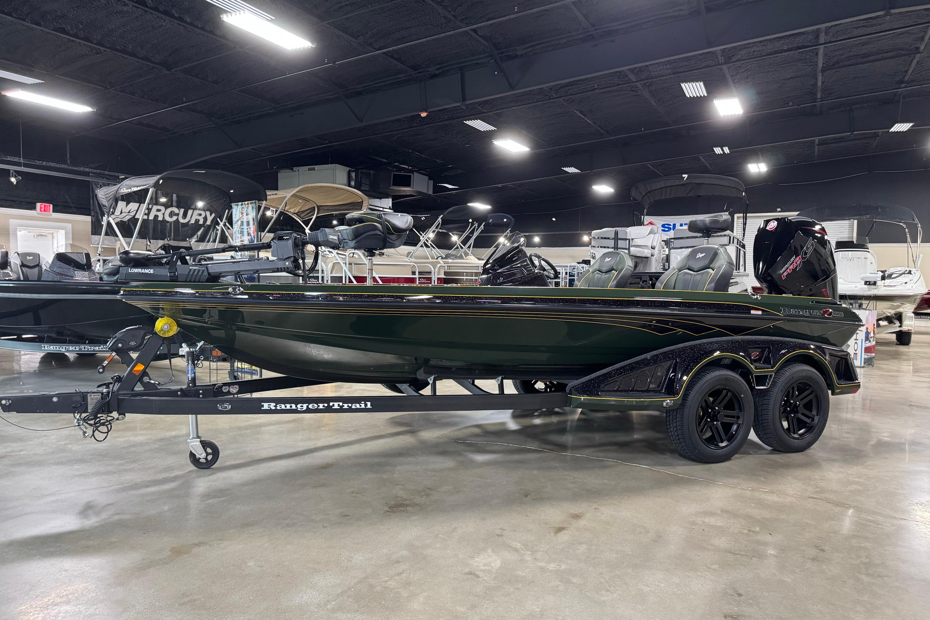 2025 Ranger Z519R Cup-Equipped boat displayed indoors on a trailer.