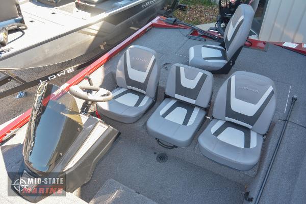 2024 Lowe Stinger 195 Bass boat interior with gray and white seating.