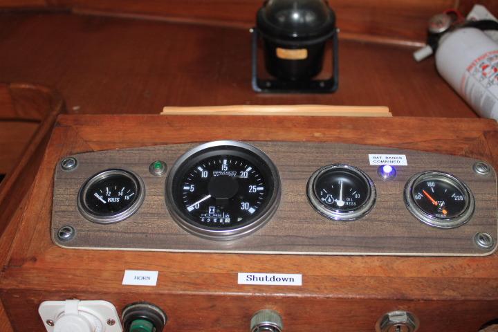 1976 CHB Double Cabin Trawler dashboard with gauges and controls.