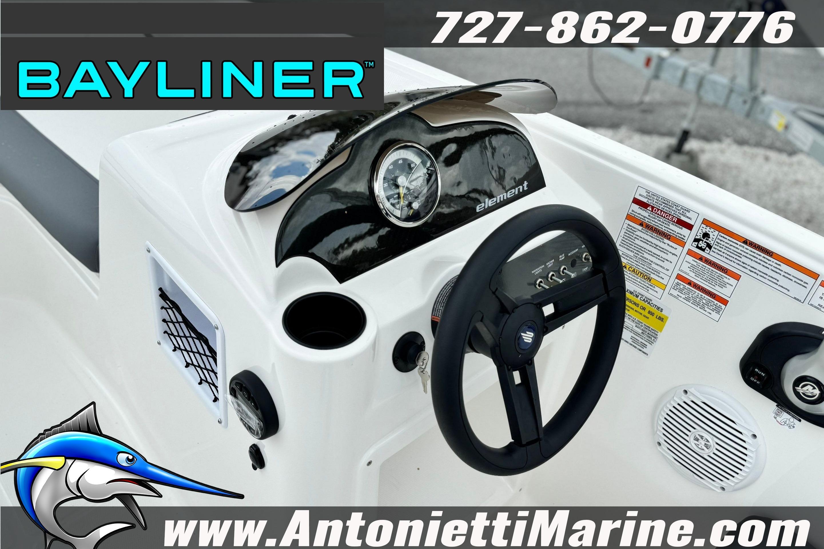 2026 Bayliner Element E16 dashboard with steering wheel and controls.