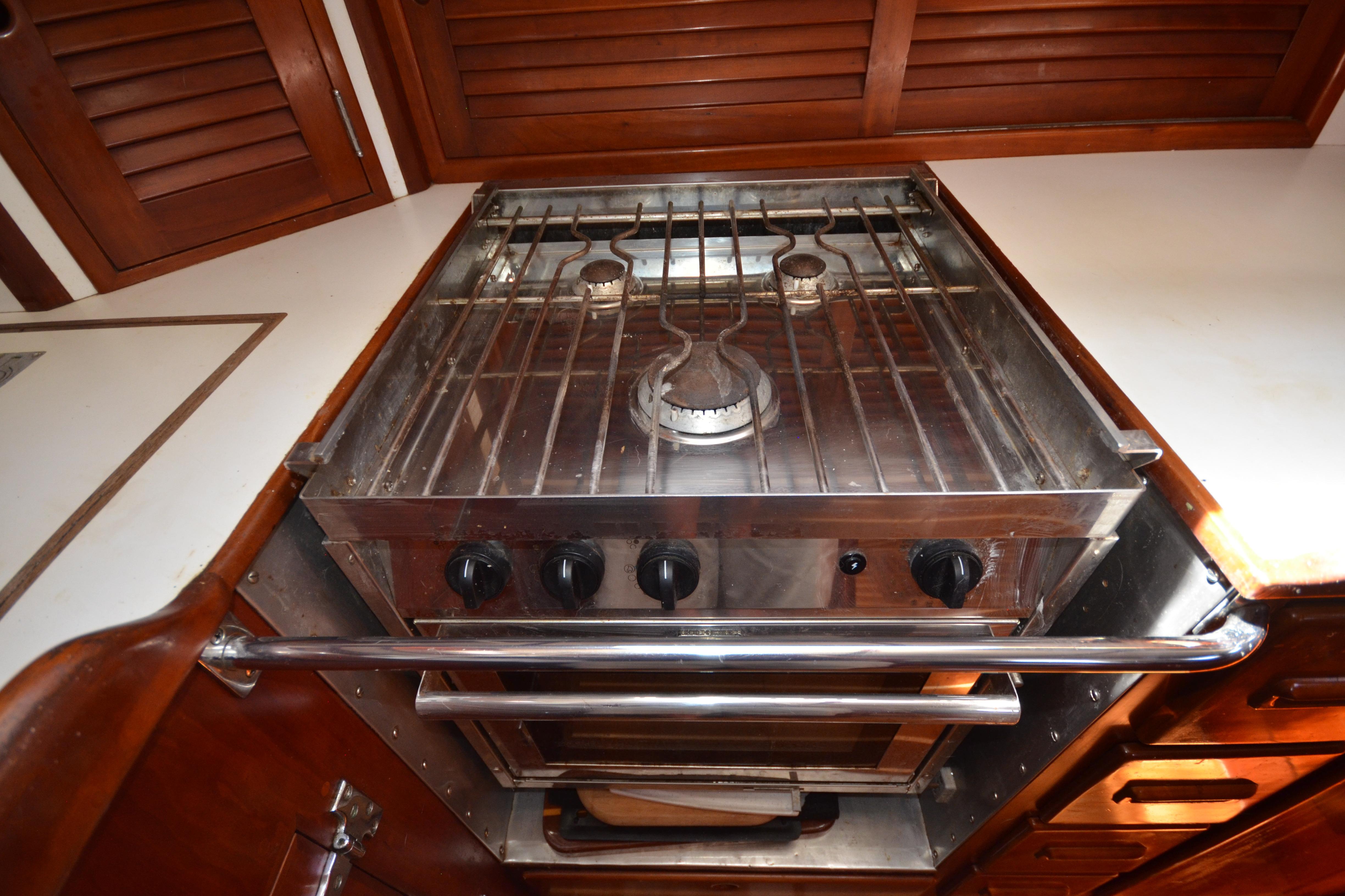 Stainless steel stove in 1992 Hinckley Sou'wester 59 yacht kitchen.