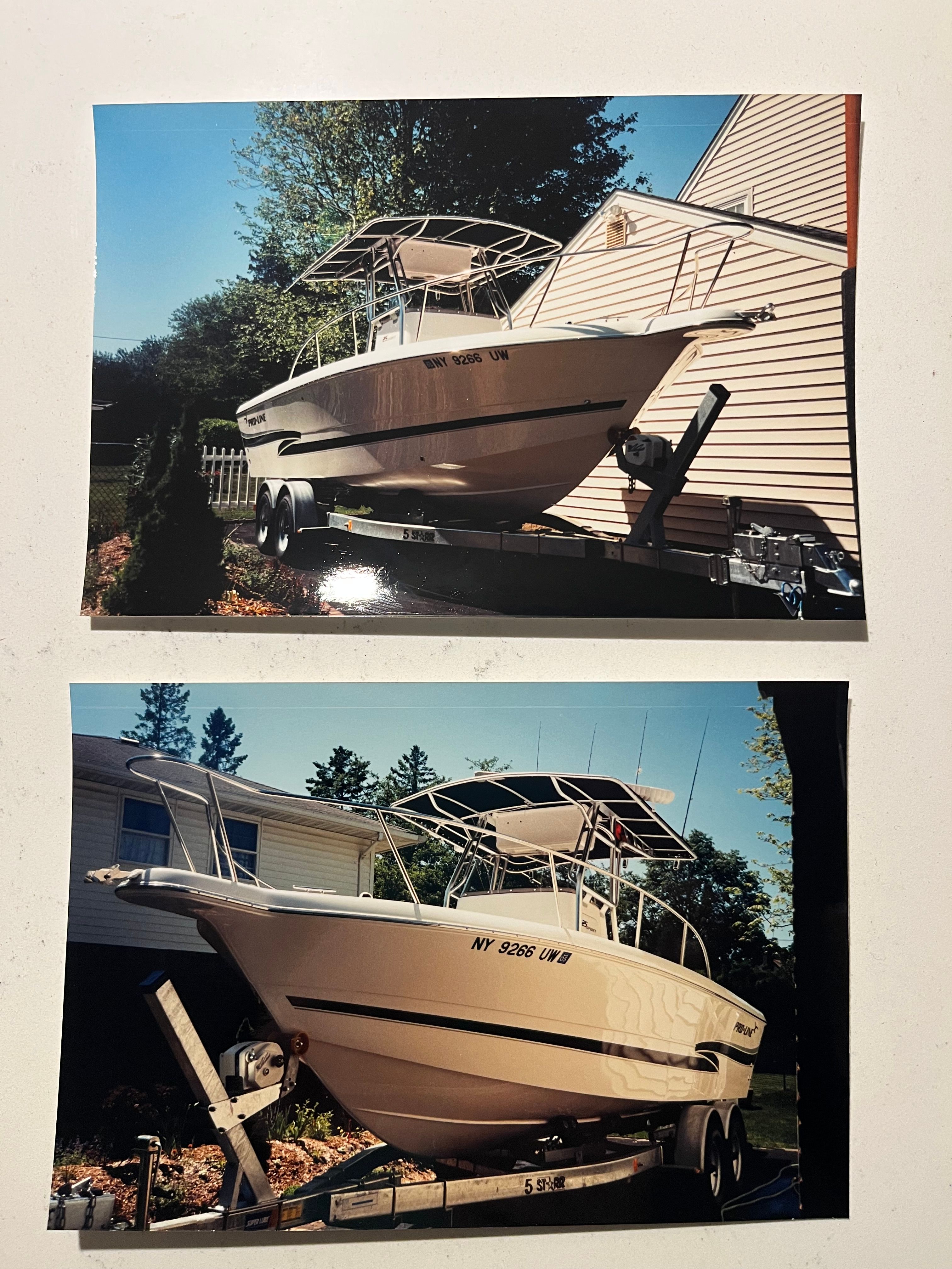 Two photos of a 2002 Pro-Line Center Console boat on a trailer beside a house.