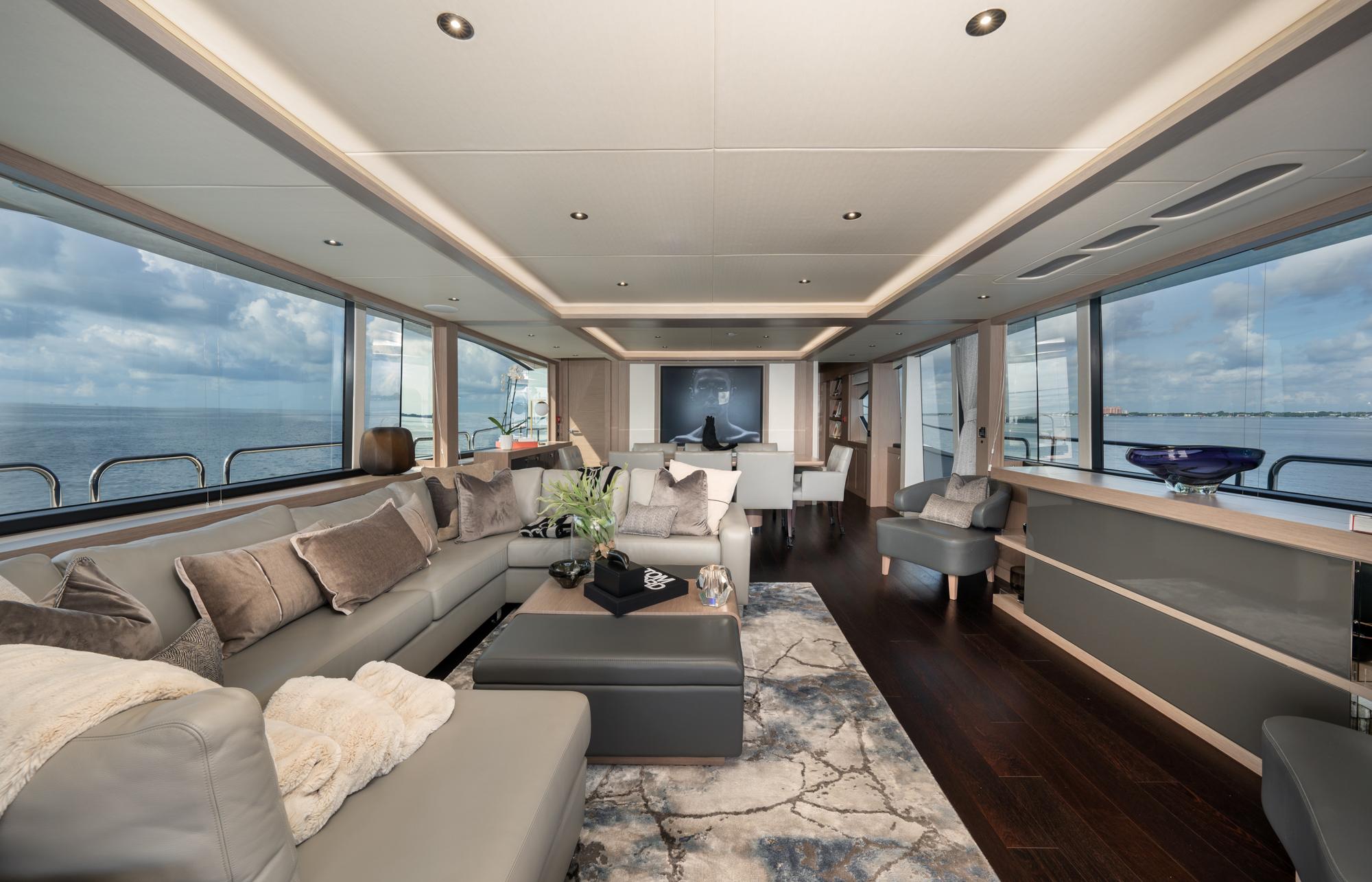 Luxurious interior of 2021 Sunseeker 95 Yacht with panoramic ocean views.