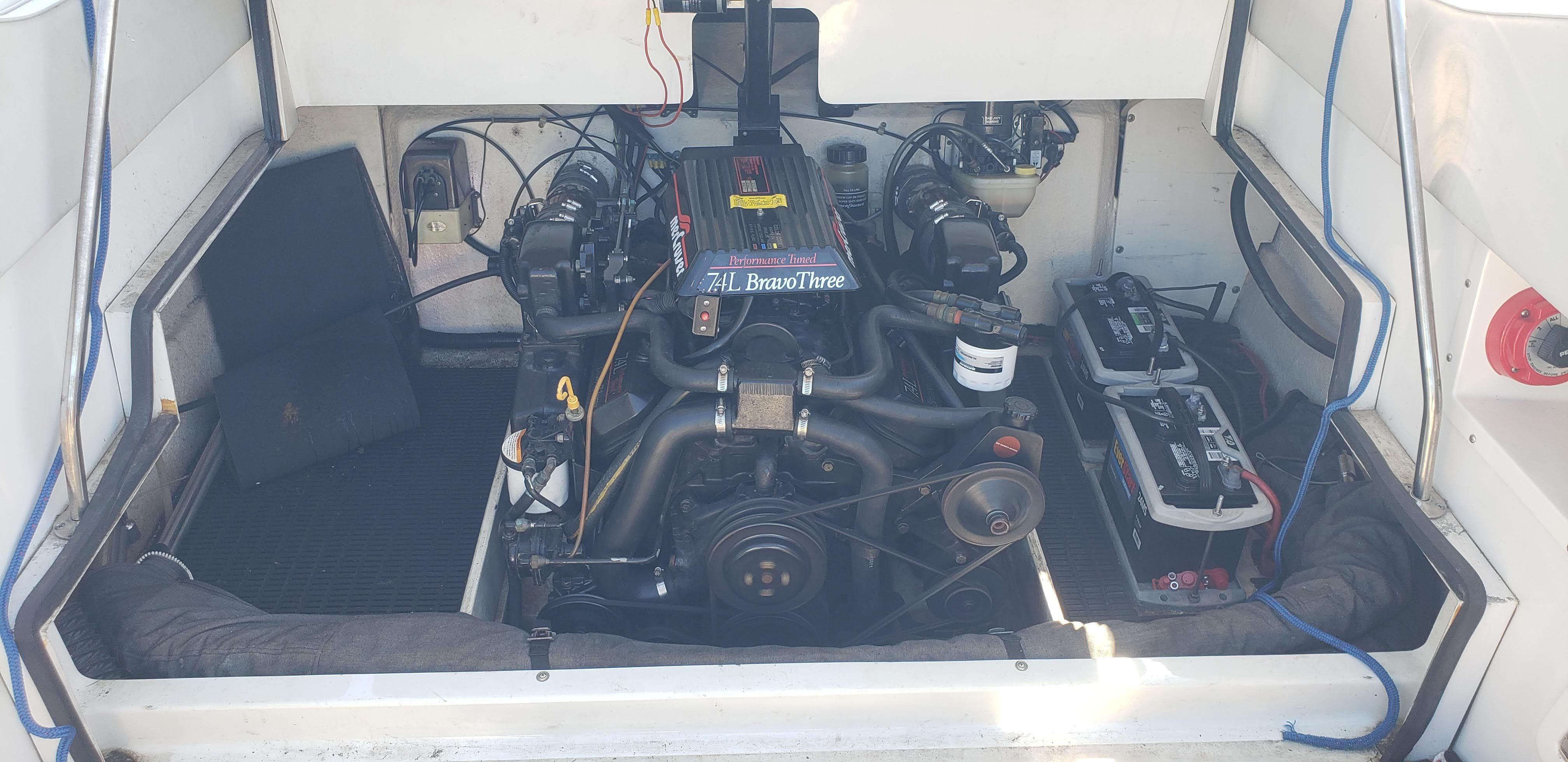 Engine compartment of a 1993 Cobalt 272 boat with Bravo Three drive.