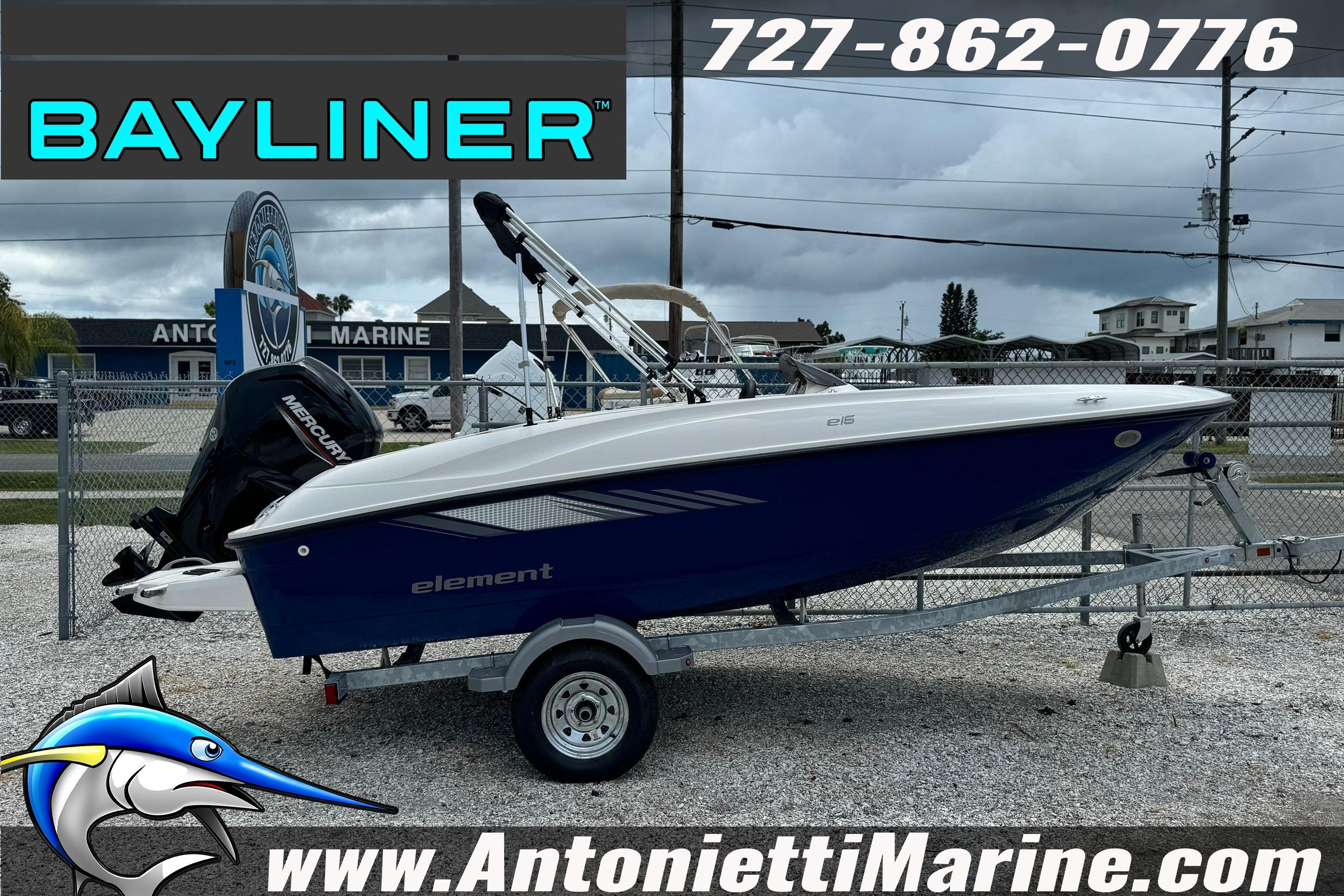 2026 Bayliner Element E16 boat on trailer at Antonietti Marine dealership.