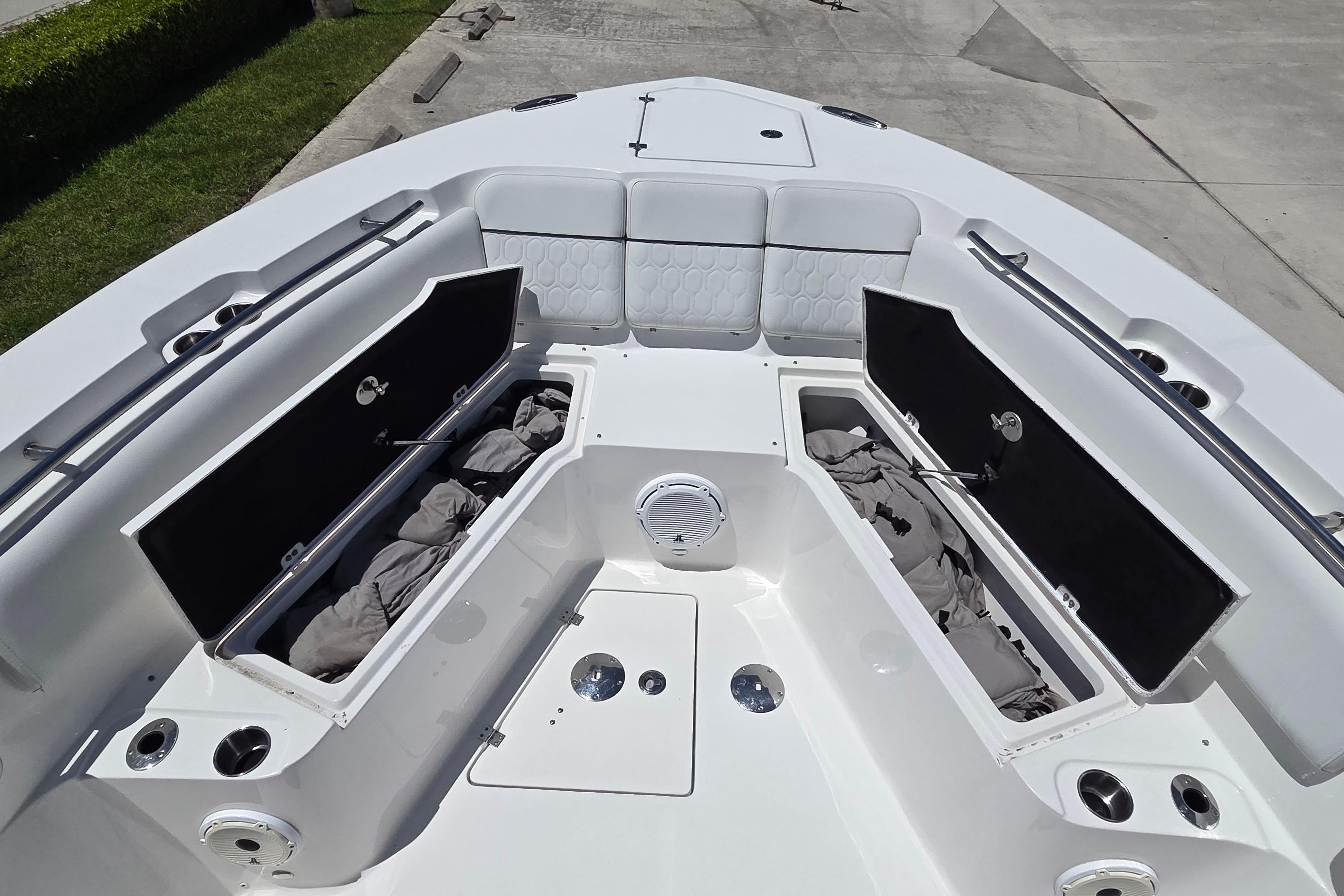 2021 Sea Fox 328 Commander boat interior with open storage compartments.
