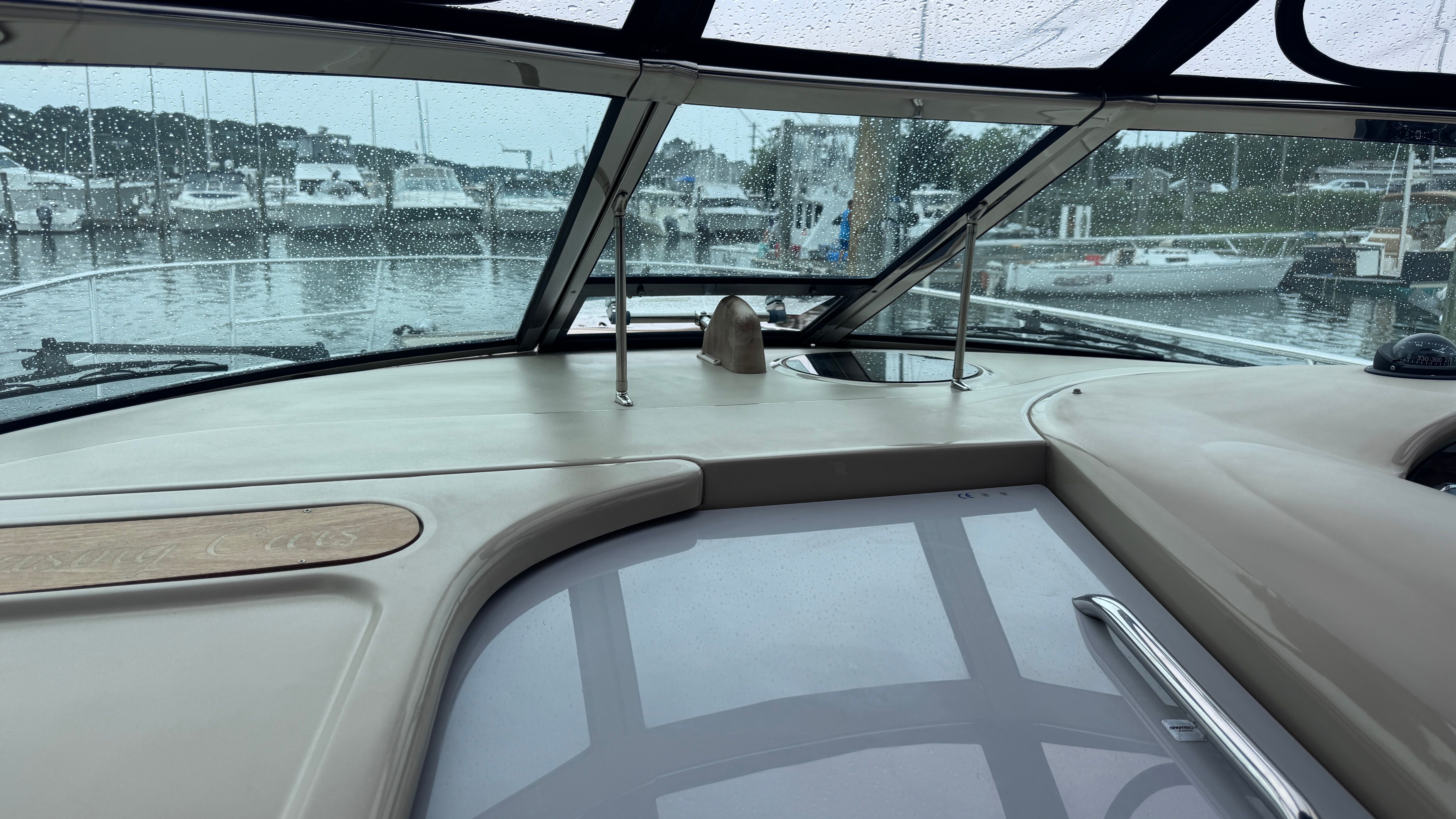 Interior view of the Sea Ray 360 Sundancer overlooking the marina.