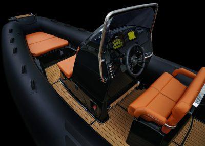 2025 Brig Eagle 6.7 PVC boat interior with orange seating and modern dashboard.