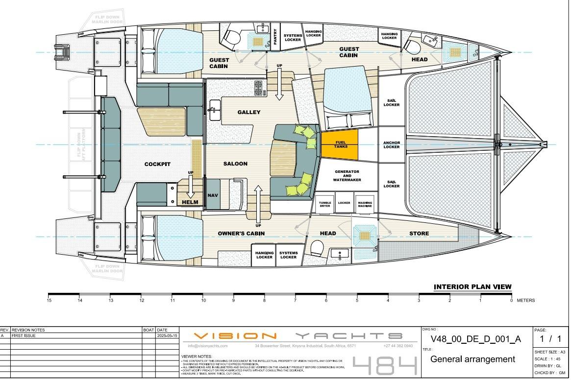 Interior plan view of Vision 484 yacht, 2026 model, showing cabins, saloon, and galley layout.