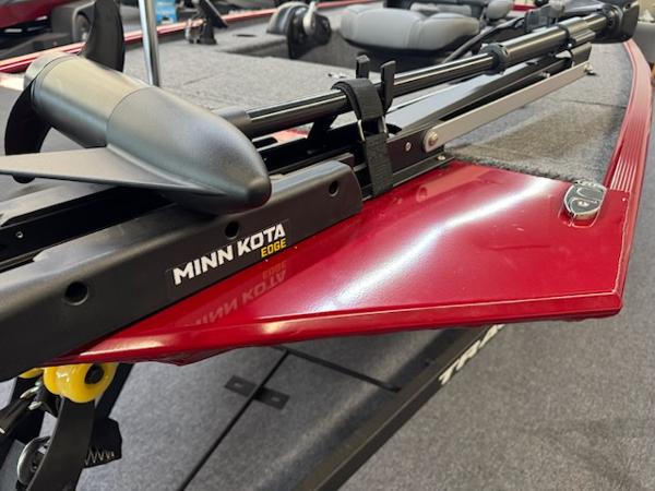 2025 Tracker Panfish 17 boat with Minn Kota Edge trolling motor, red finish.