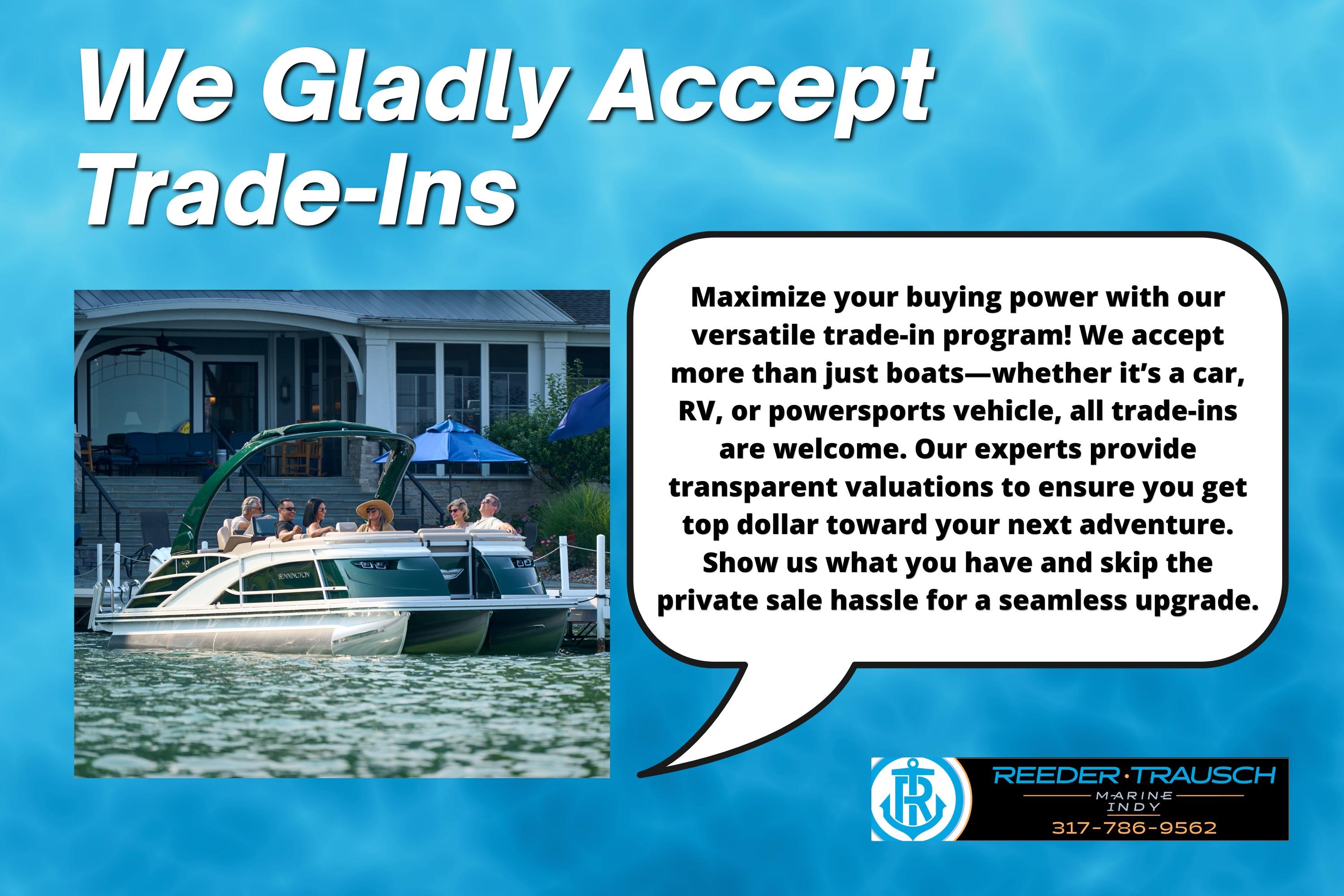 2027 Bennington 24 MSB pontoon boat on water, promoting trade-in program.