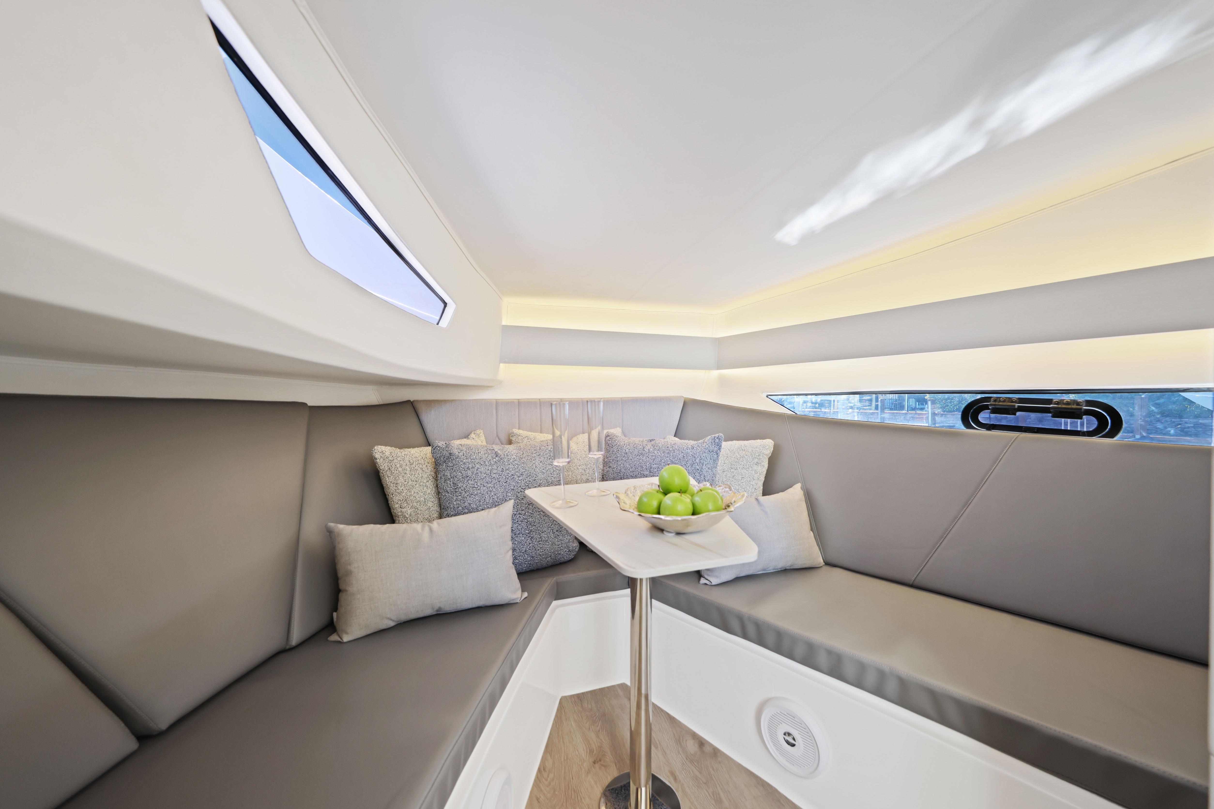 Luxurious interior of 2025 VALIATT YACHTS 380 Bowrider with elegant seating and decor.