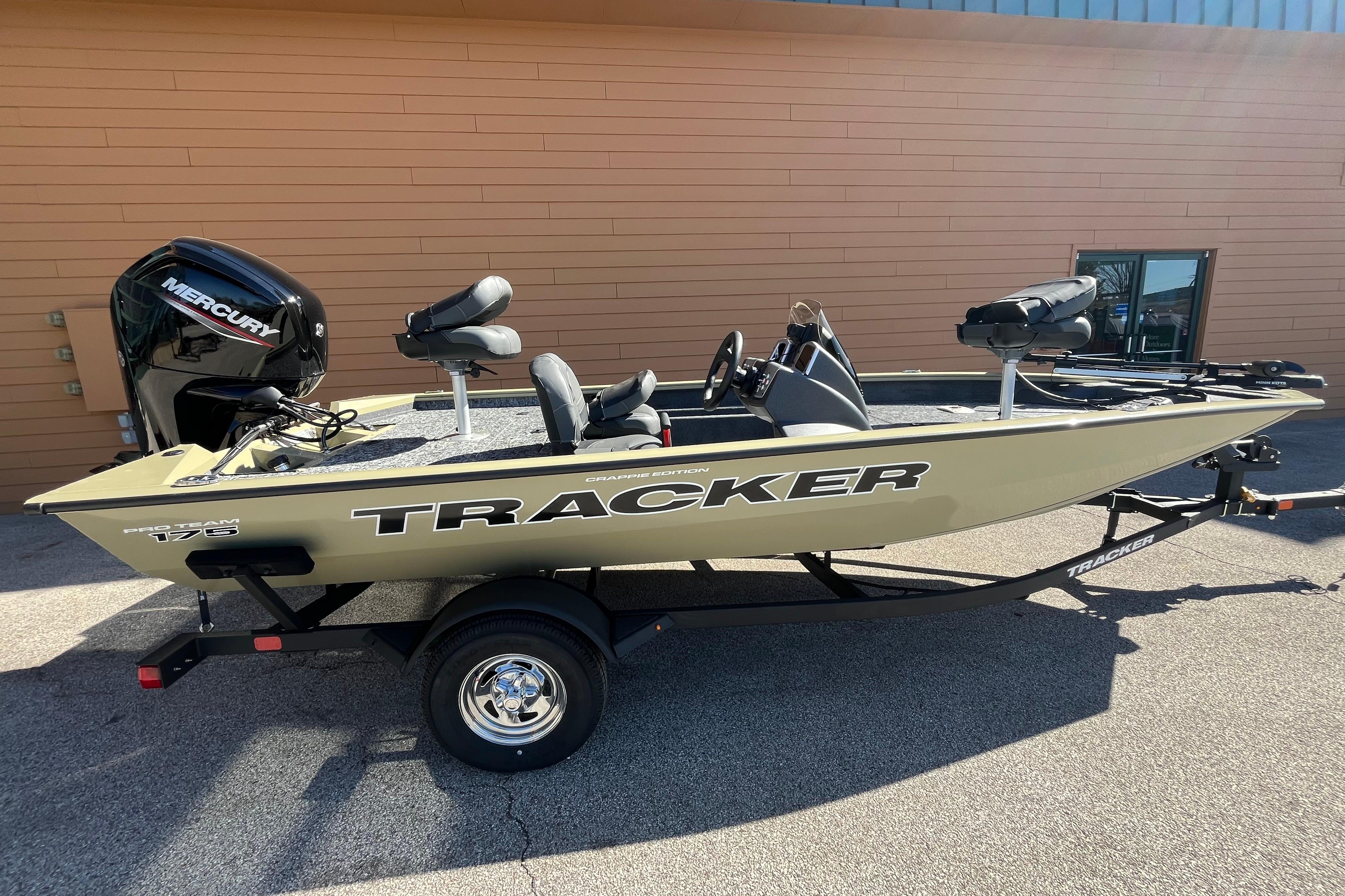 2026 Tracker Pro Team 175 Crappie Edition boat with Mercury engine on trailer.