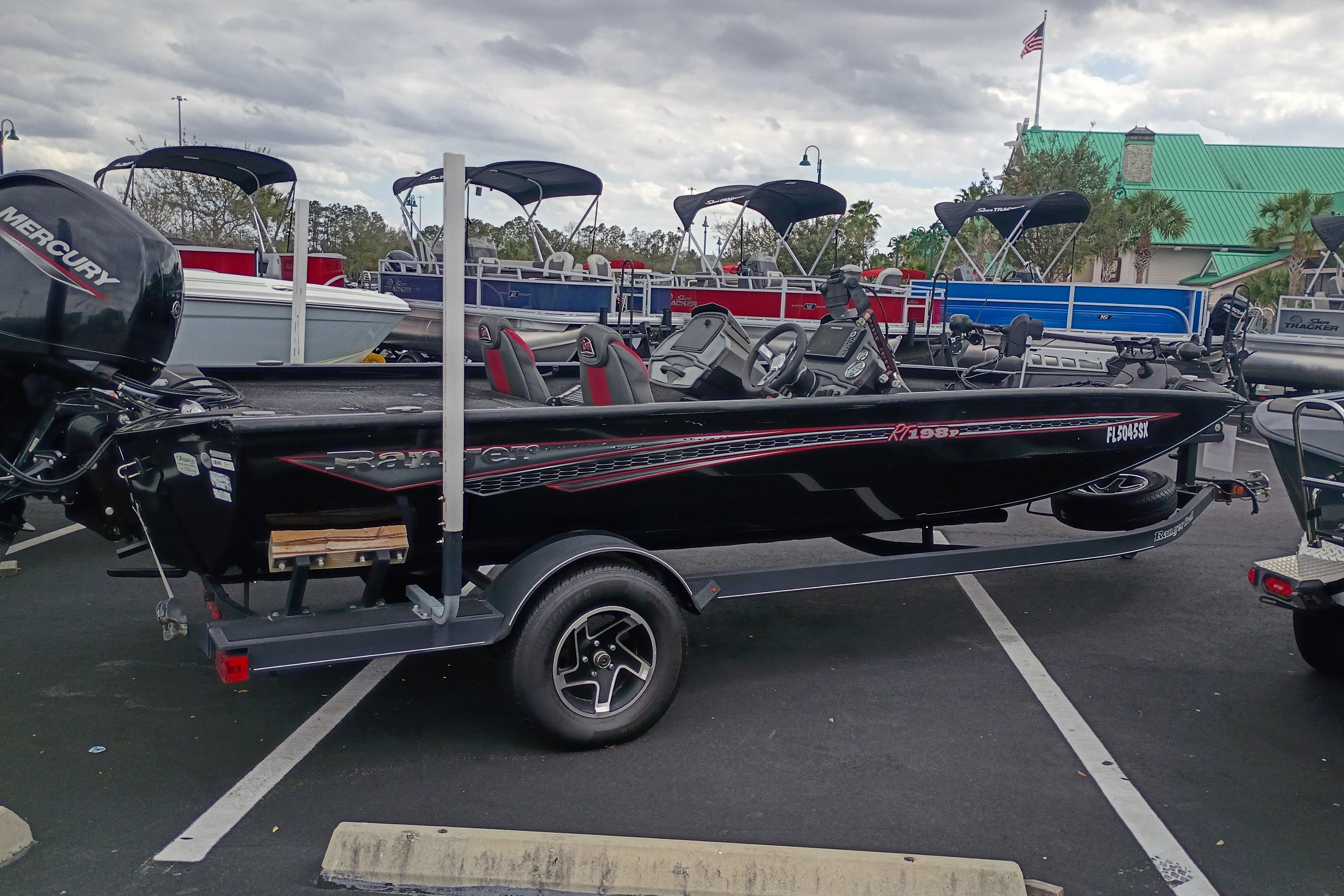 2021 Ranger RT198P boat on trailer in parking lot, overcast sky.