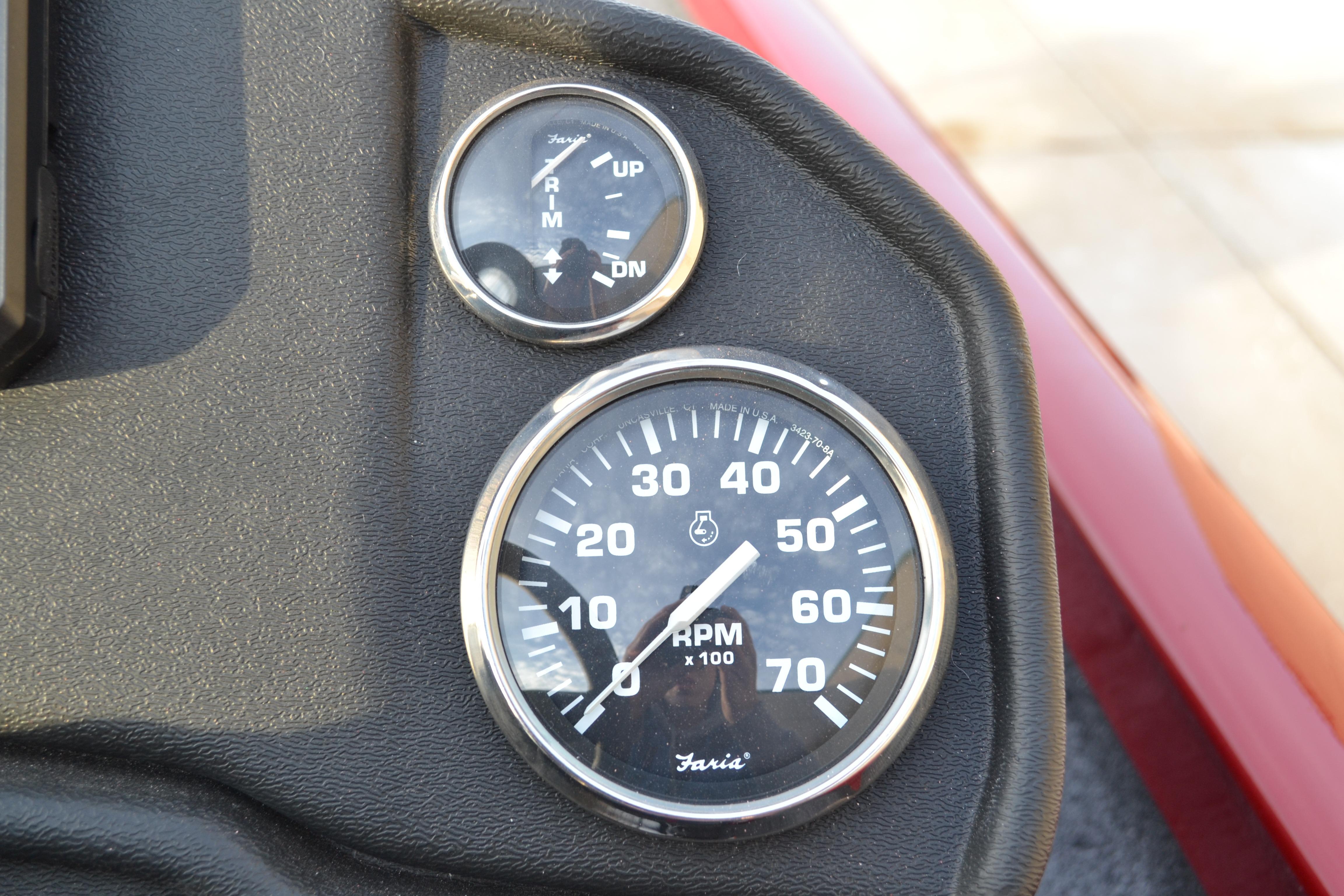 Dashboard gauges of 2026 Ranger RT188 boat, showing RPM and trim indicators.