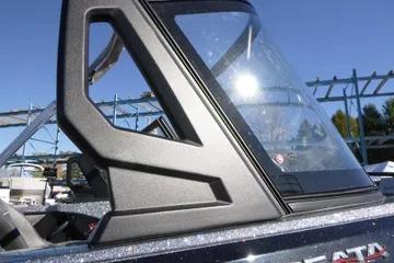 2026 Ranger 2080MS boat windshield detail under clear blue sky.