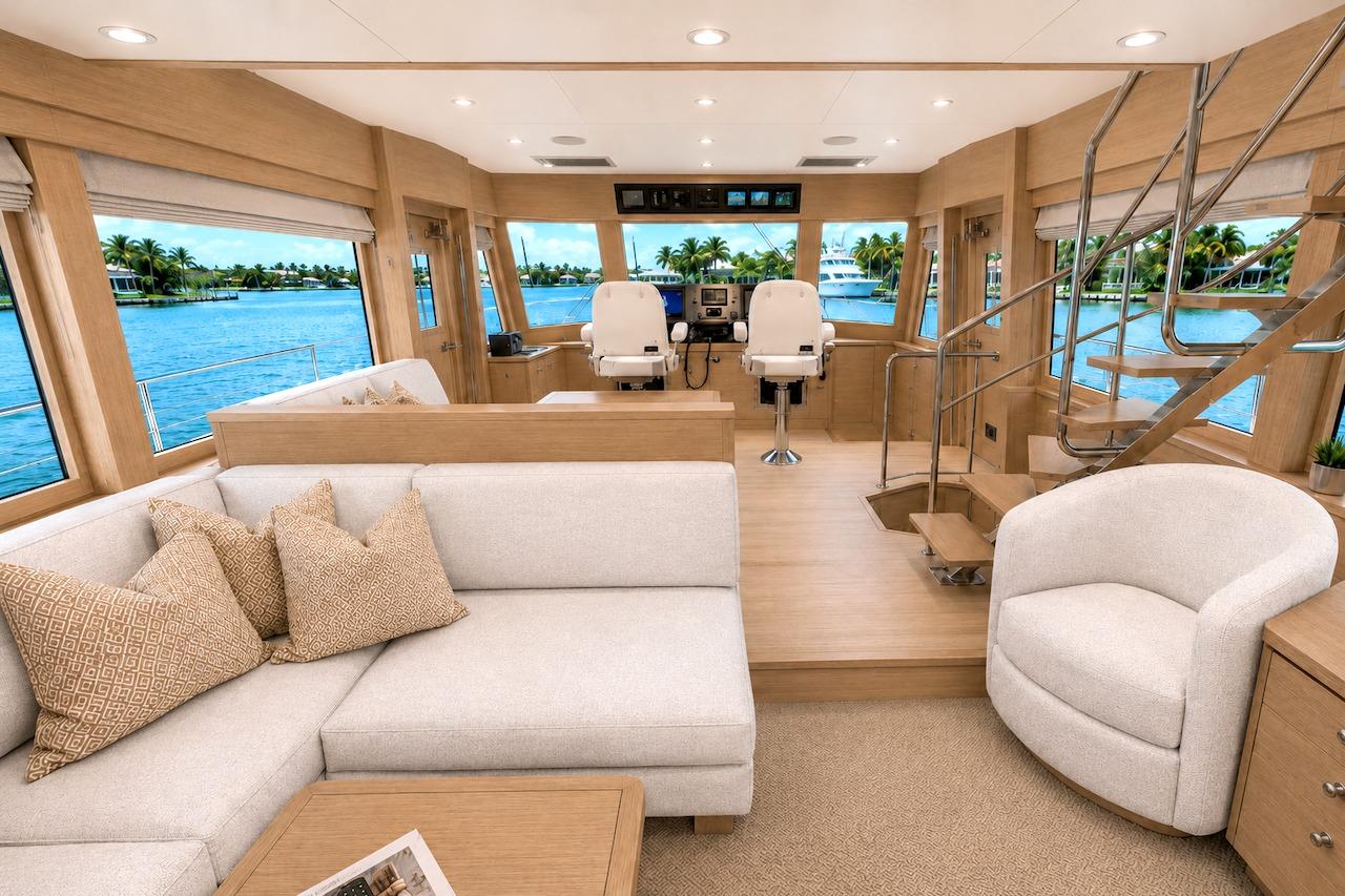 Luxurious interior of 2027 Offshore Yachts 70 CE, featuring elegant seating and panoramic windows.