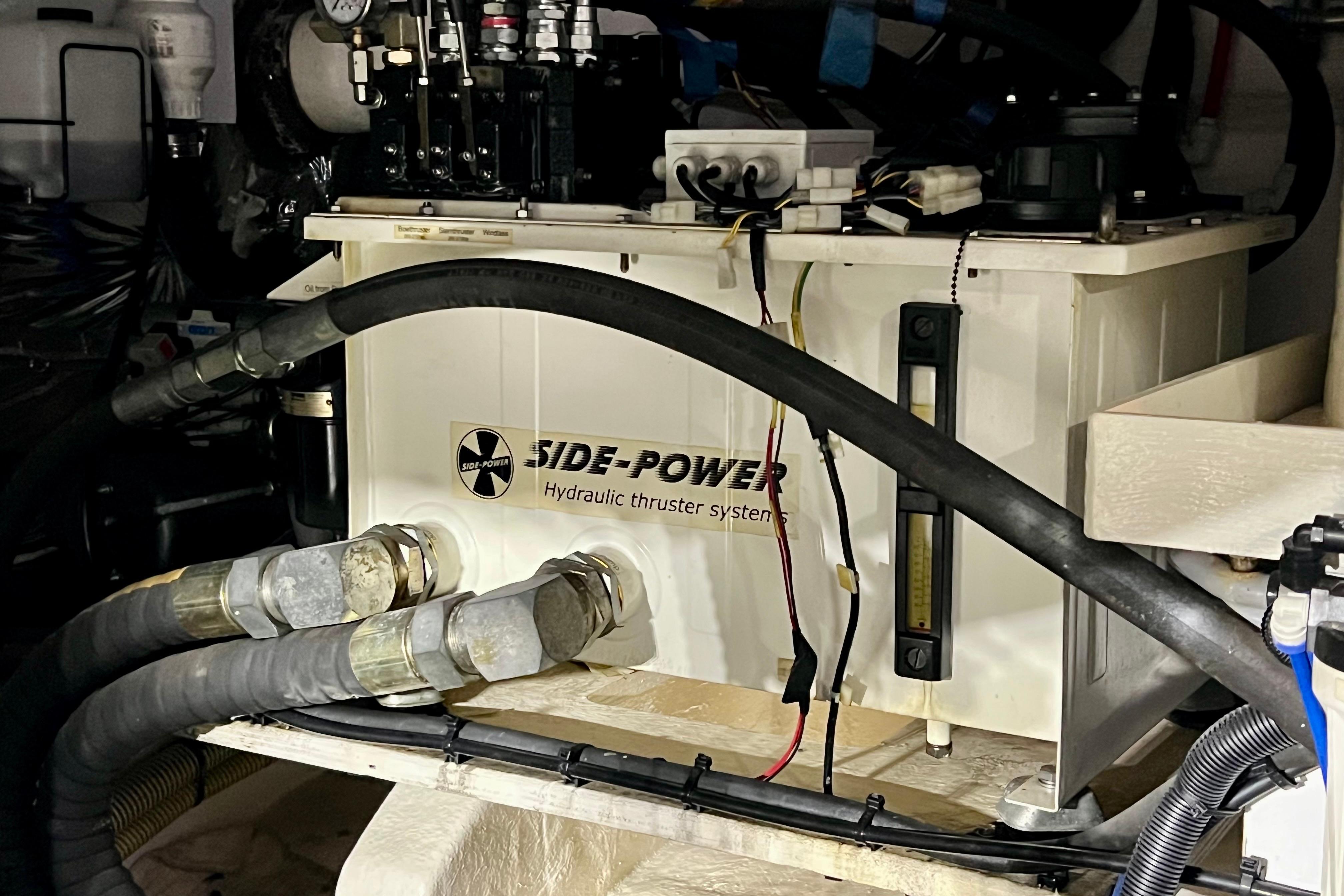 Side-Power hydraulic thruster system in 2010 Princess V78 yacht engine room.