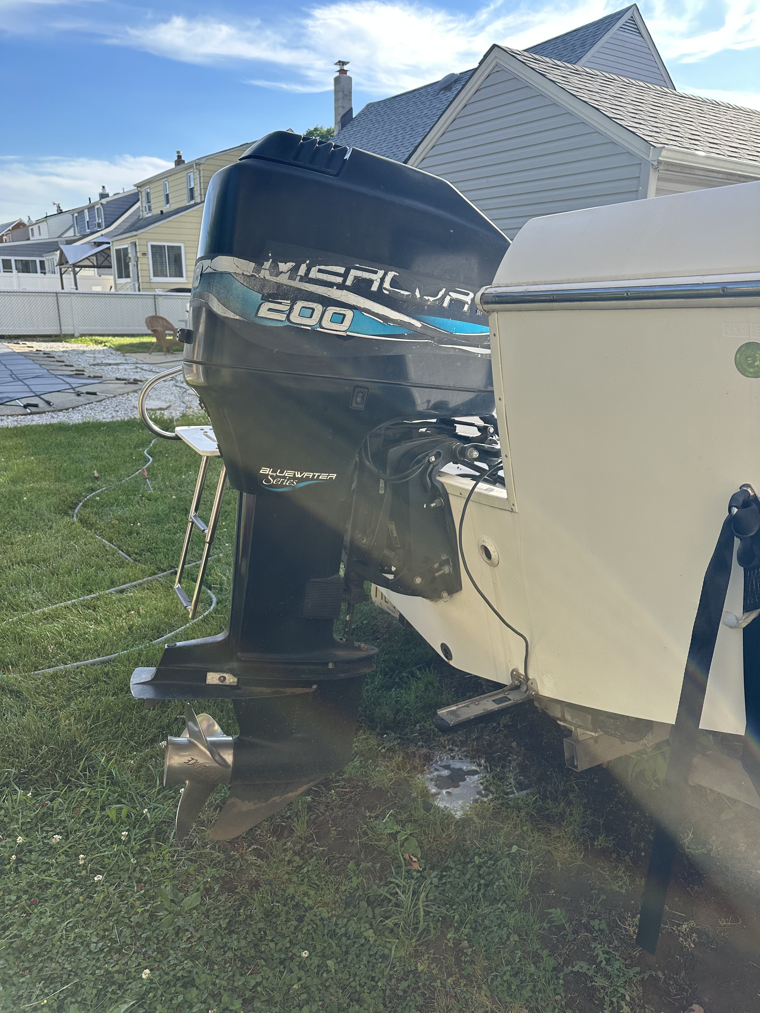 Outboard motor of a 1999 Pro-Line 221 boat on a lawn.