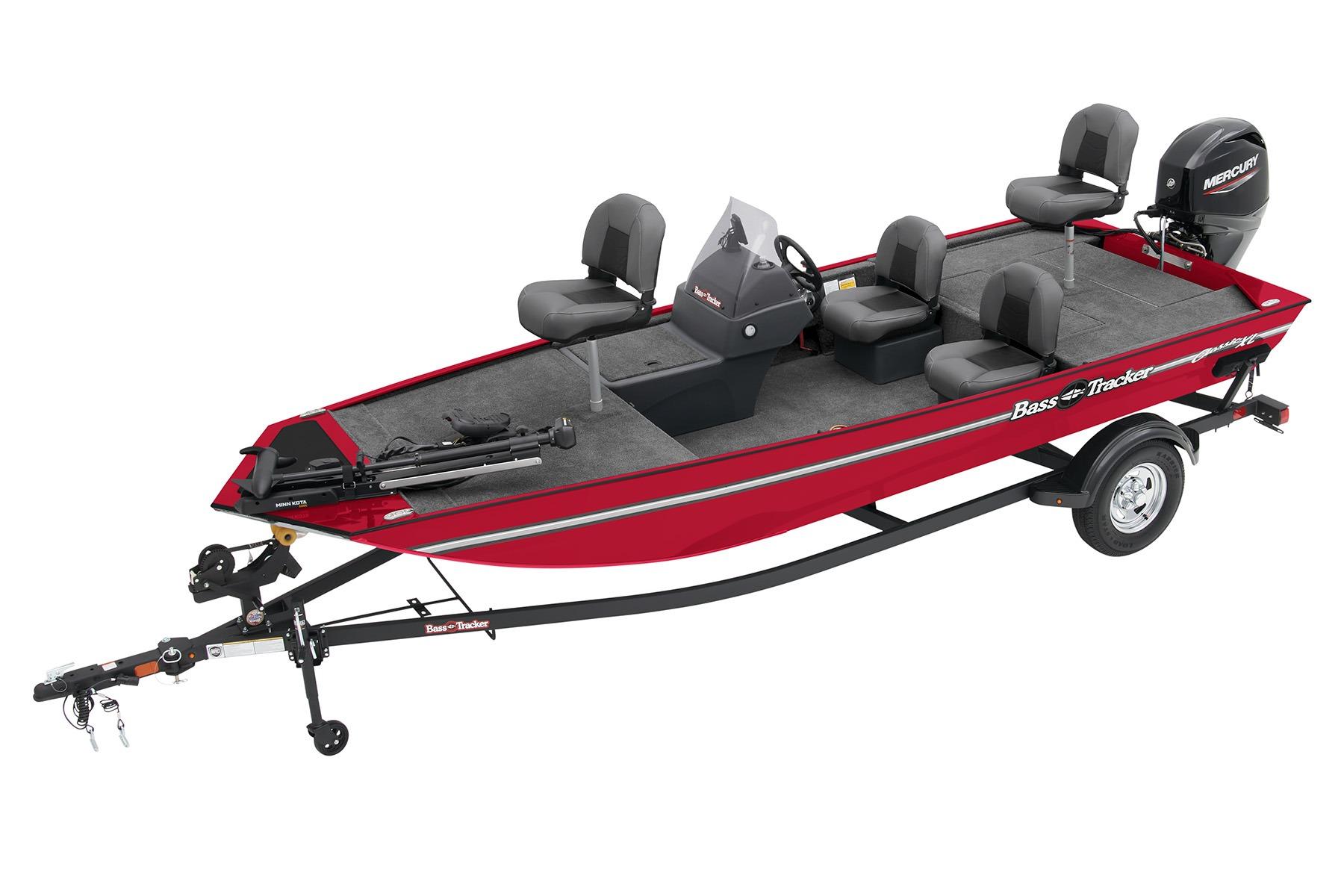 2026 Tracker Bass Tracker Classic XL fishing boat, red, with seating and motor on trailer.