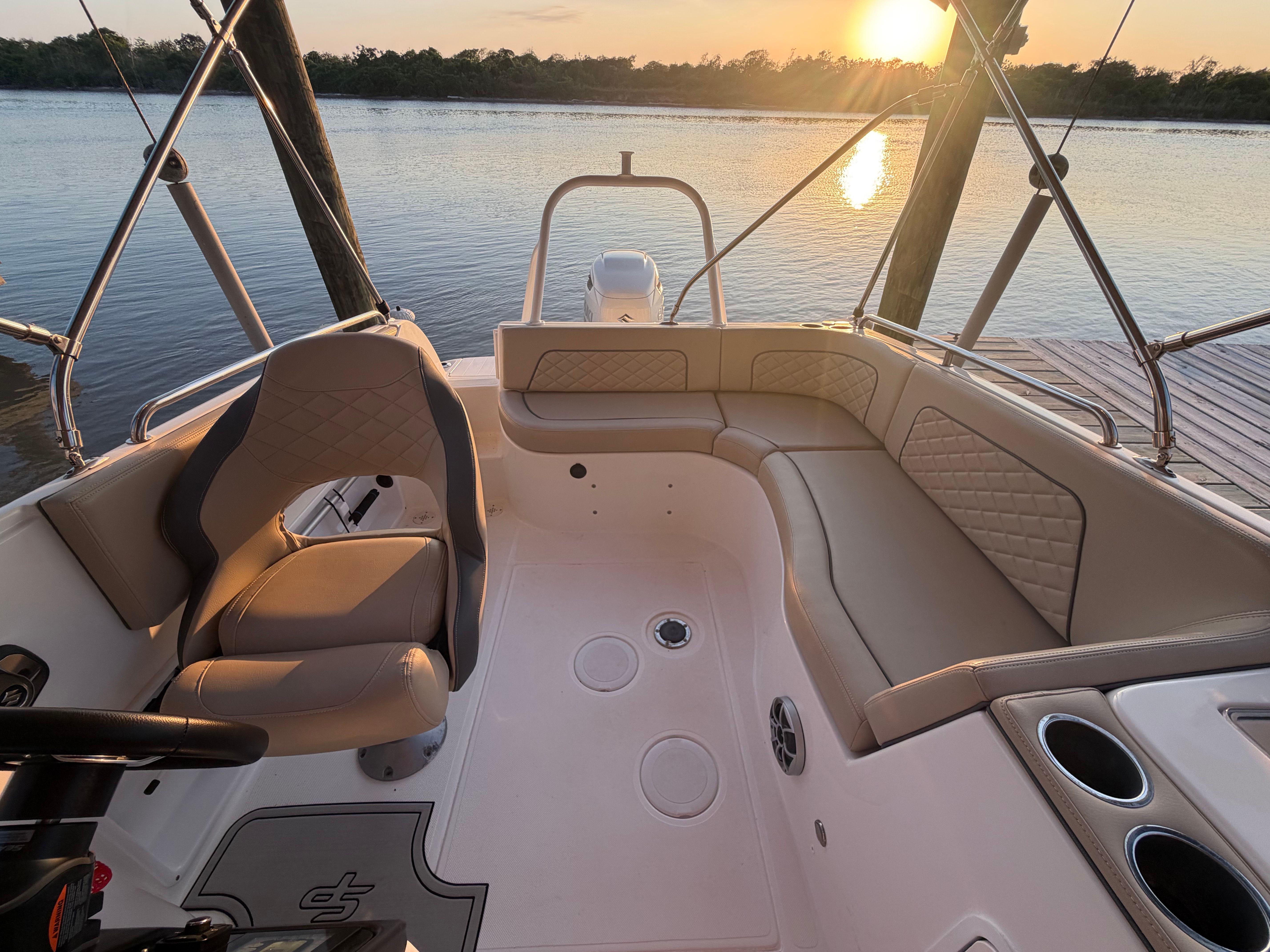 Interior of a 2021 Sea Pro Citation boat at sunset.