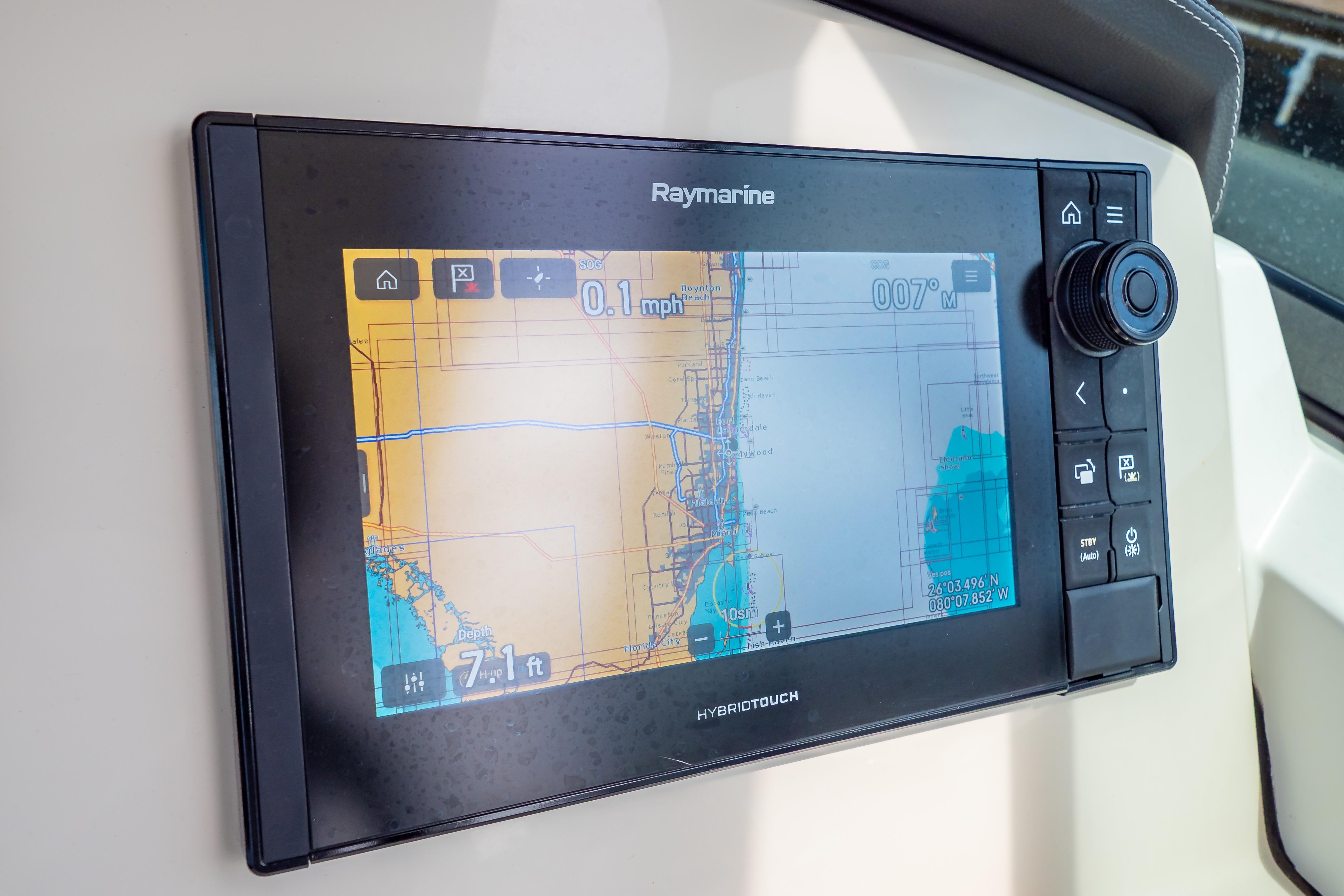 Raymarine navigation display on 2019 Boston Whaler 270 Vantage boat, showing nautical chart.