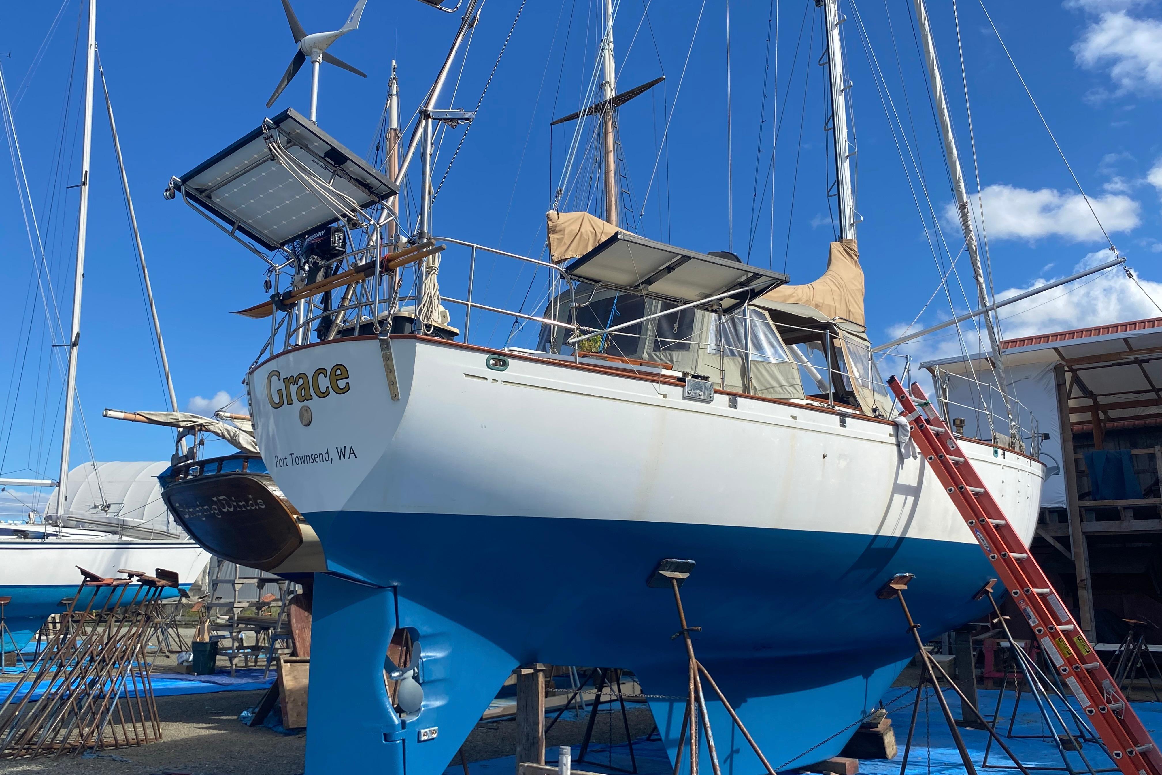 Sailboat "Grace" in dry dock, Kelly Peterson 46 model, 1981, Port Townsend, WA.
