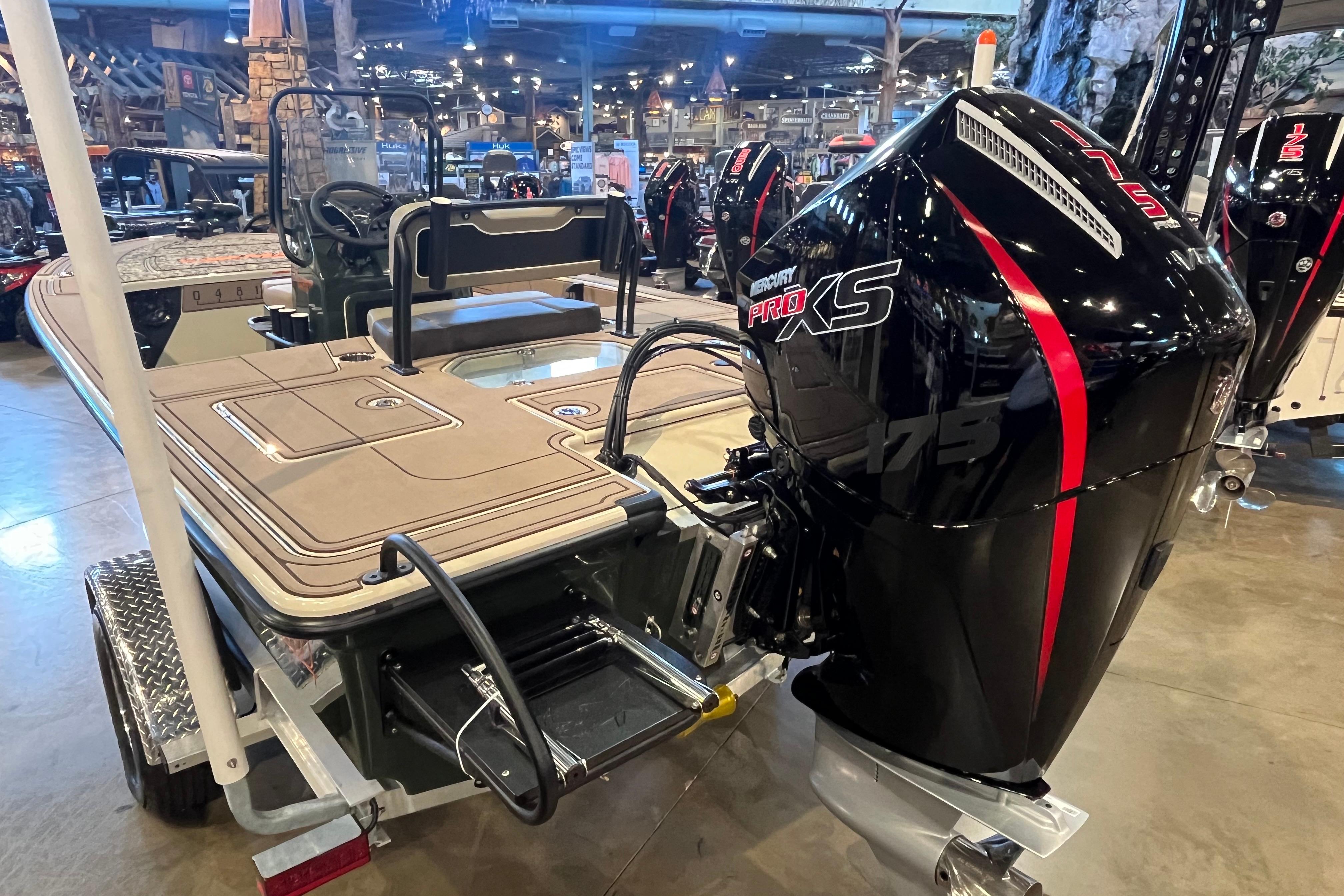 2025 Mako 18 Pro Skiff Backwater Edition with Mercury Pro XS engine in showroom.