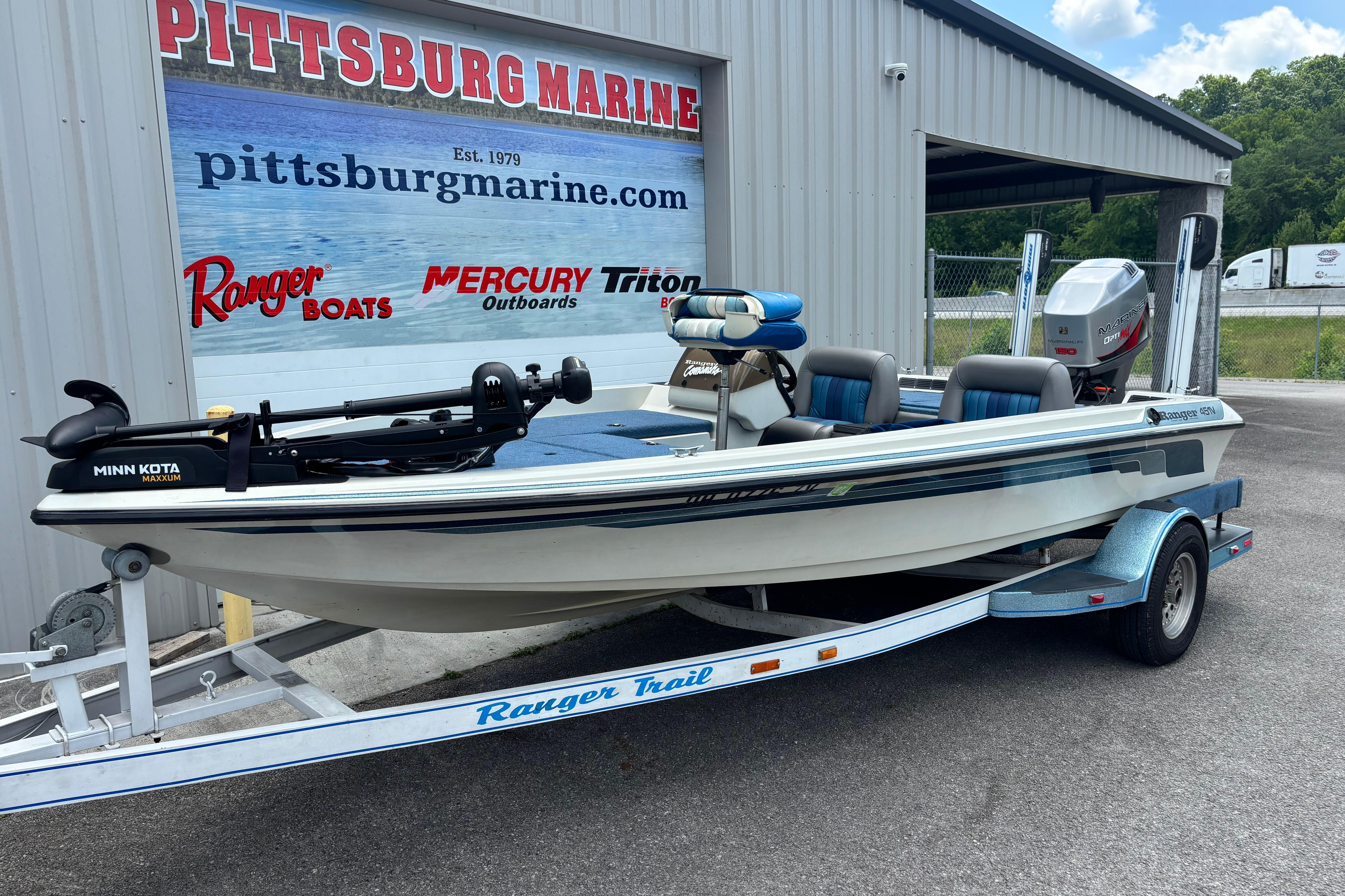 1991 Ranger 461VS boat on trailer at Pittsburg Marine dealership.