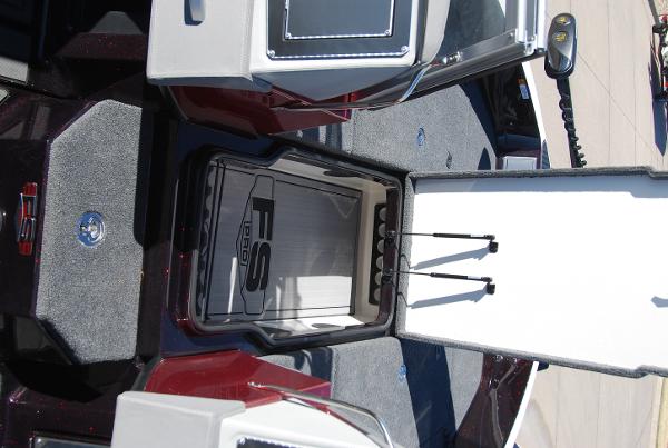 2024 Ranger 620FS Pro boat storage compartment with open lid.