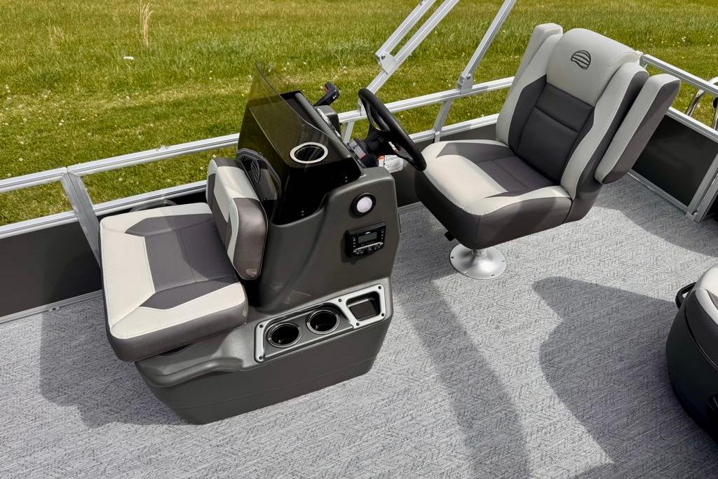 2026 Sun Tracker Bass Buggy 18 DLX interior with dual seats and steering console.
