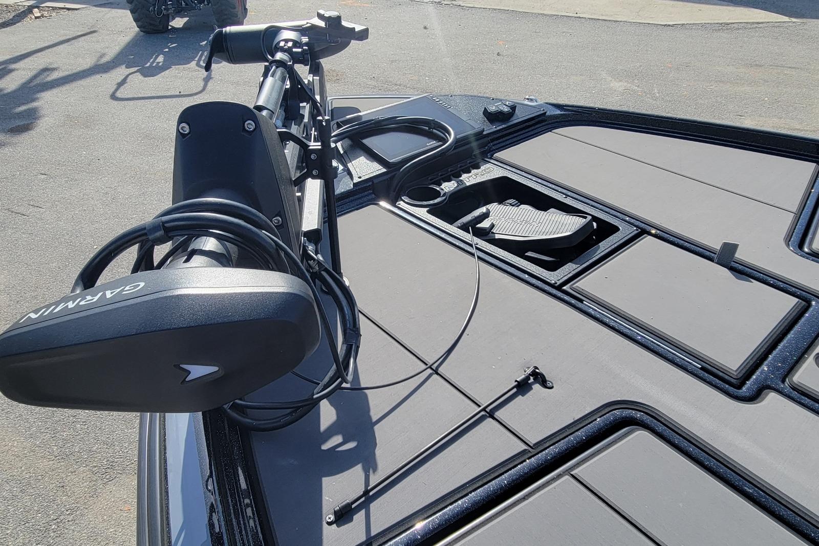 2026 Nitro Z20 XL Pro boat deck with Garmin trolling motor and pedal controls.