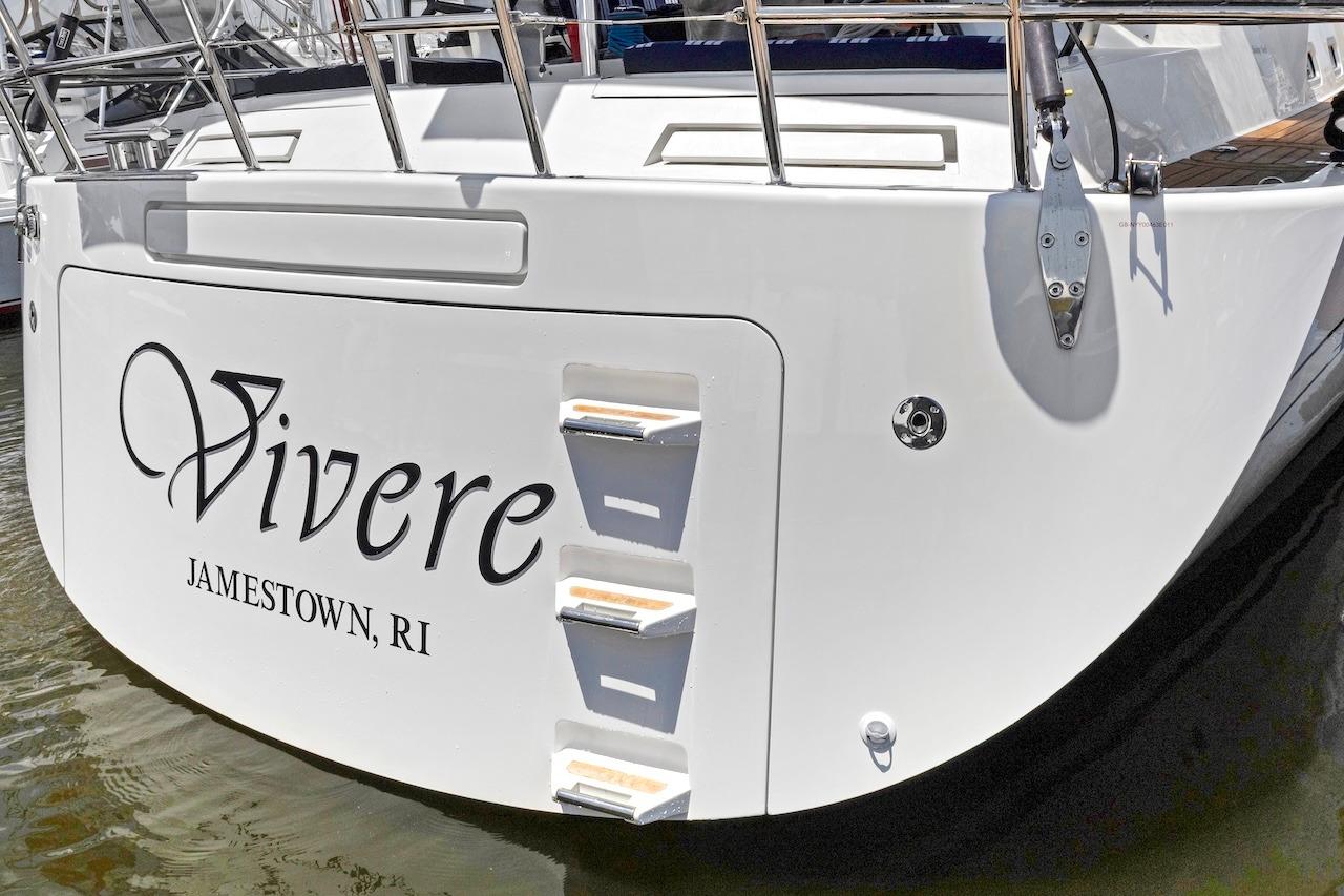 Sailboat stern of 2011 Southerly 57 RS, named "Vivere," docked in Jamestown, RI.