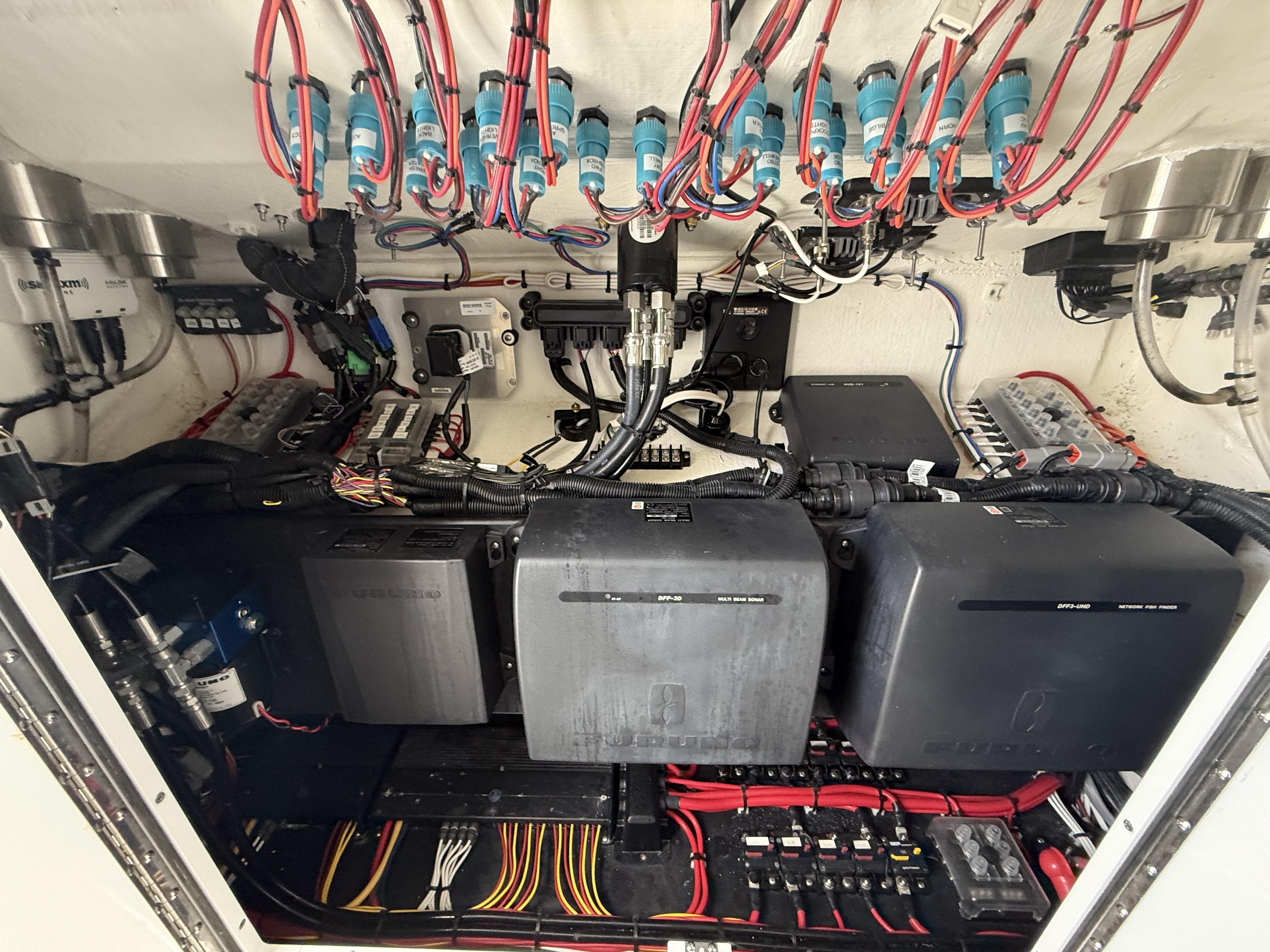 Electrical system of 2024 Front Runner 39 CC boat, showcasing wiring and components.