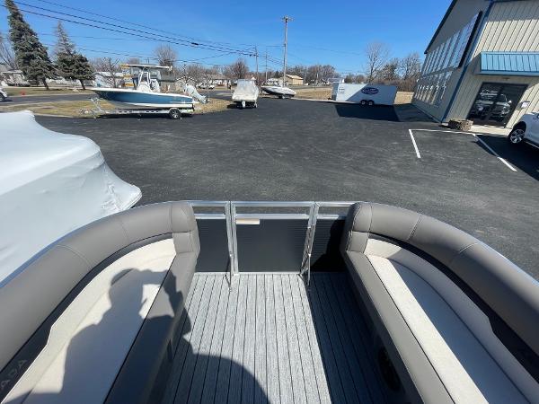 2025 Armada Saphir 23CR pontoon boat interior with gray seating and open deck view.